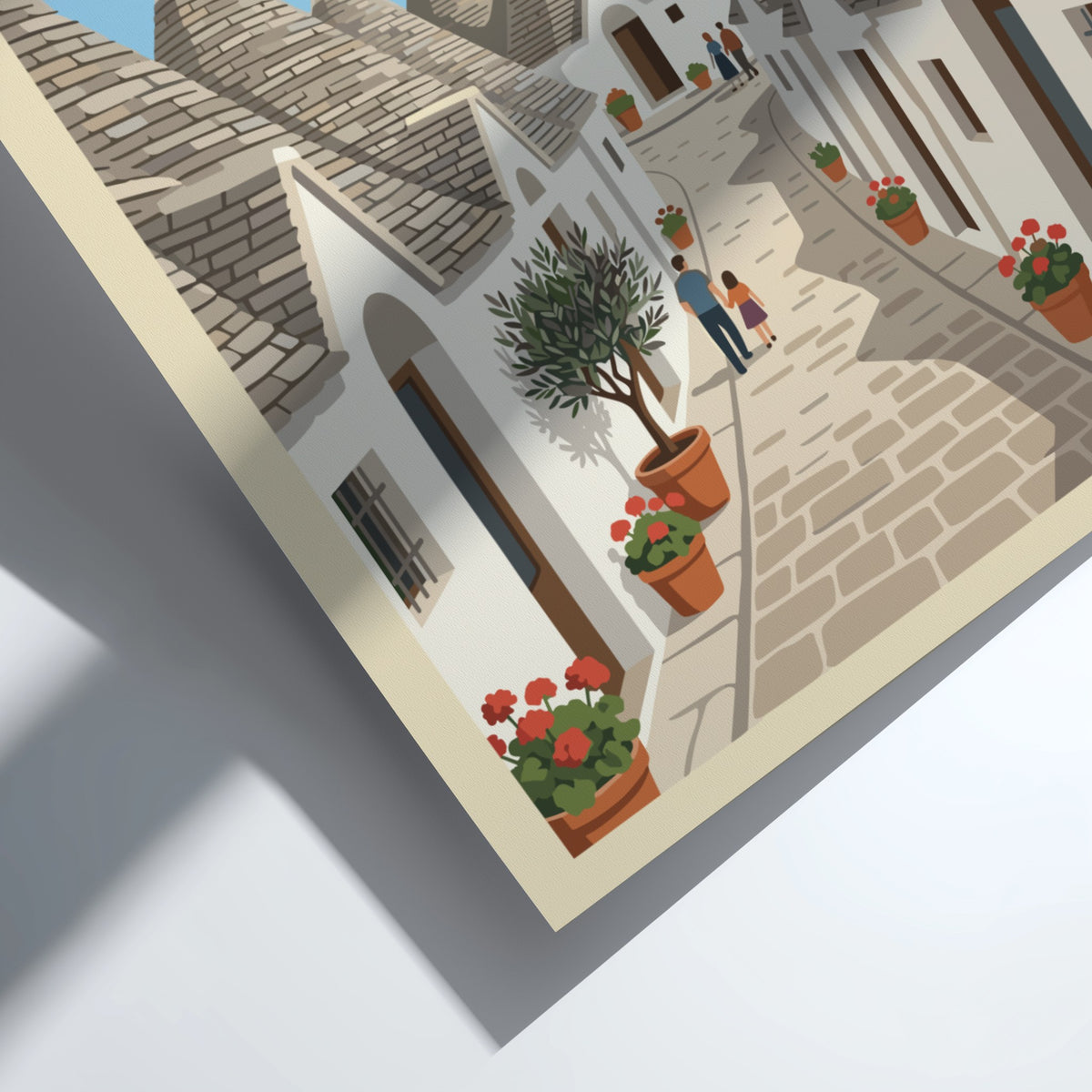 Poster of Alberobello Italy featuring white trulli houses along a narrow stone street.
