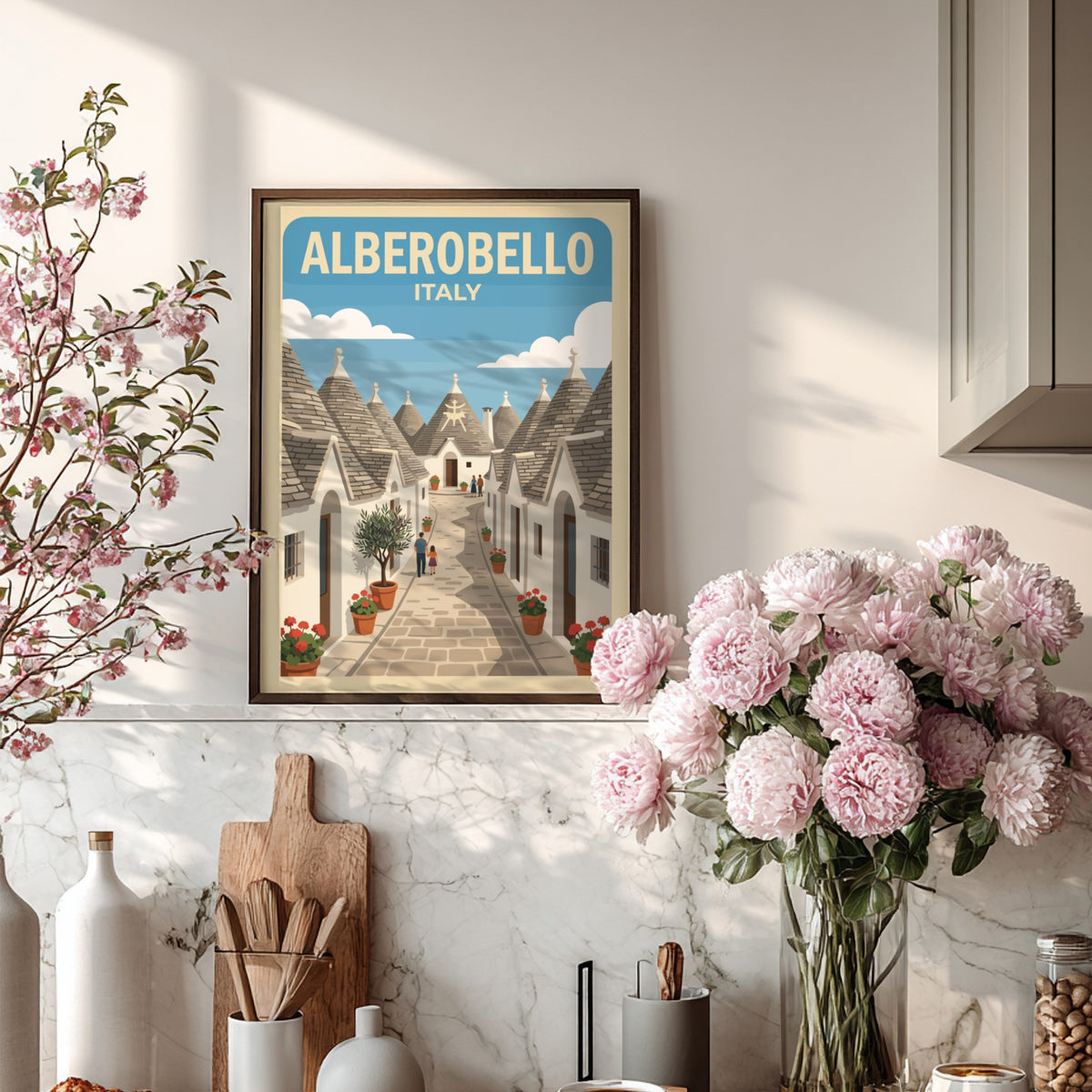 Poster of Alberobello Italy featuring white trulli houses along a narrow stone street.