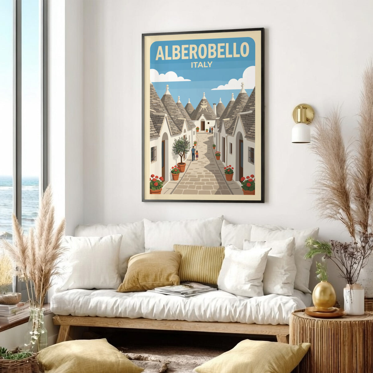 Poster of Alberobello Italy featuring white trulli houses along a narrow stone street.
