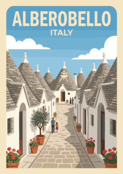 Poster of Alberobello Italy featuring white trulli houses along a narrow stone street.