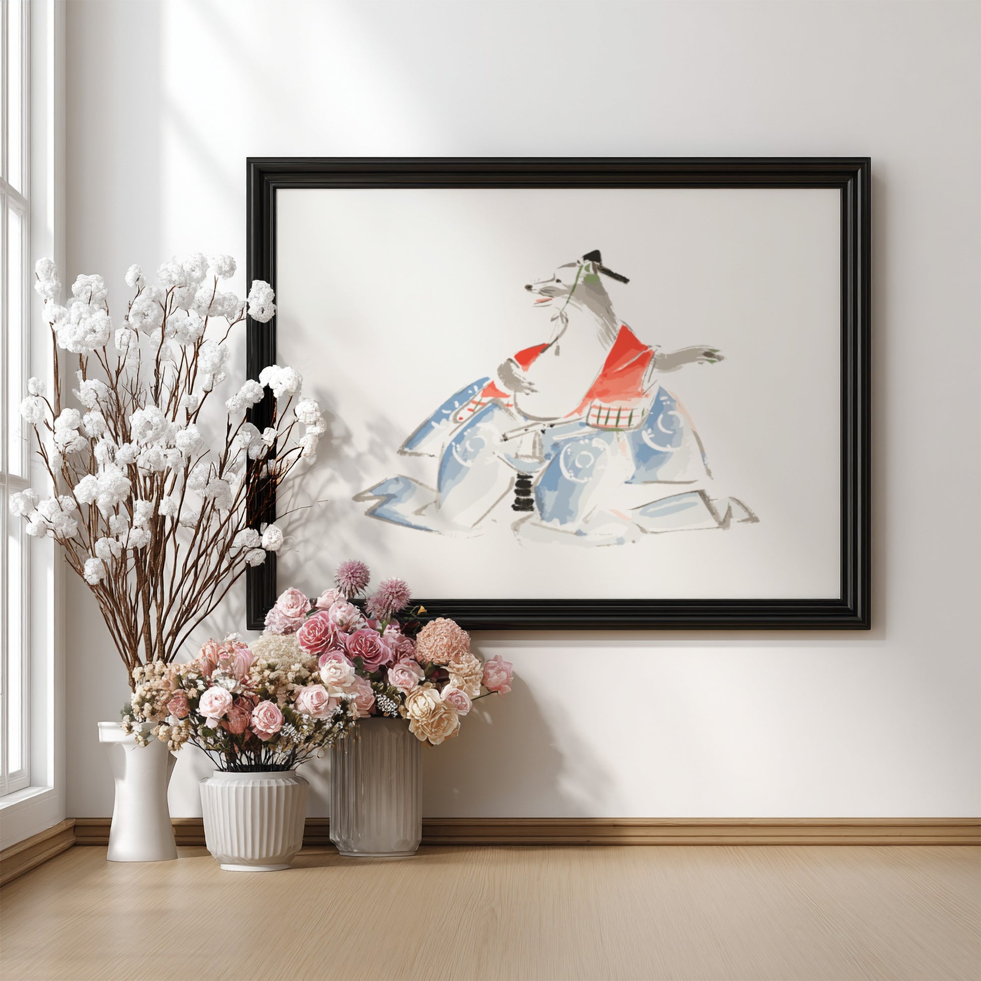 Japanese art poster featuring Ichiryusai Hiroshige's sketches with vibrant colors and traditional design