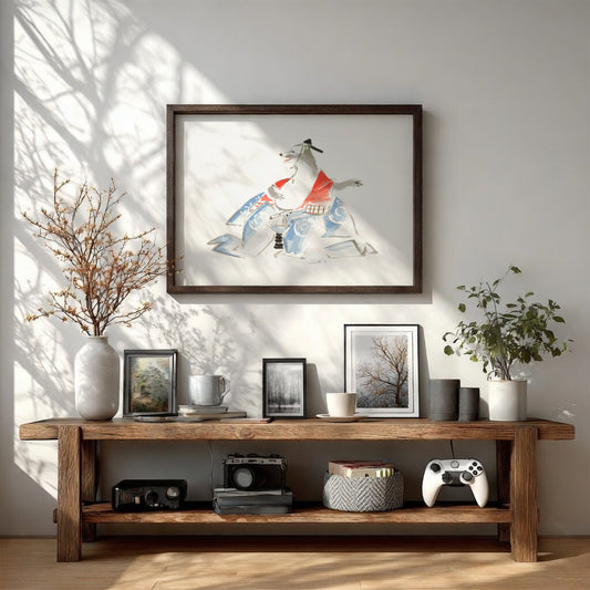 Japanese art poster featuring Ichiryusai Hiroshige's sketches with vibrant colors and traditional design