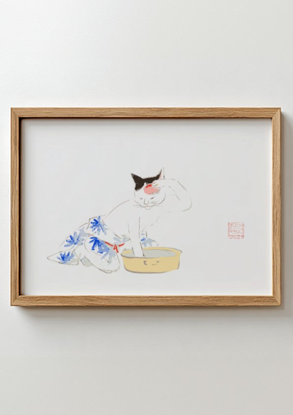 Japanese art poster featuring a playful cat illustration with floral patterns in soft colors.