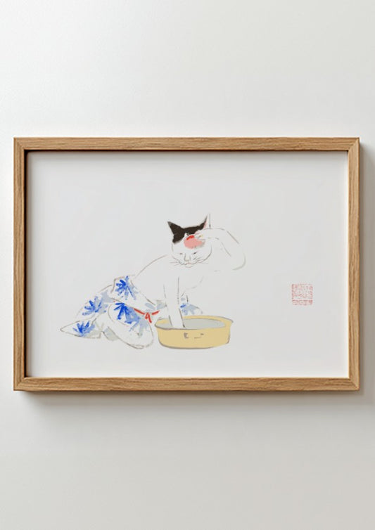 Japanese art poster featuring a playful cat illustration with floral patterns in soft colors.