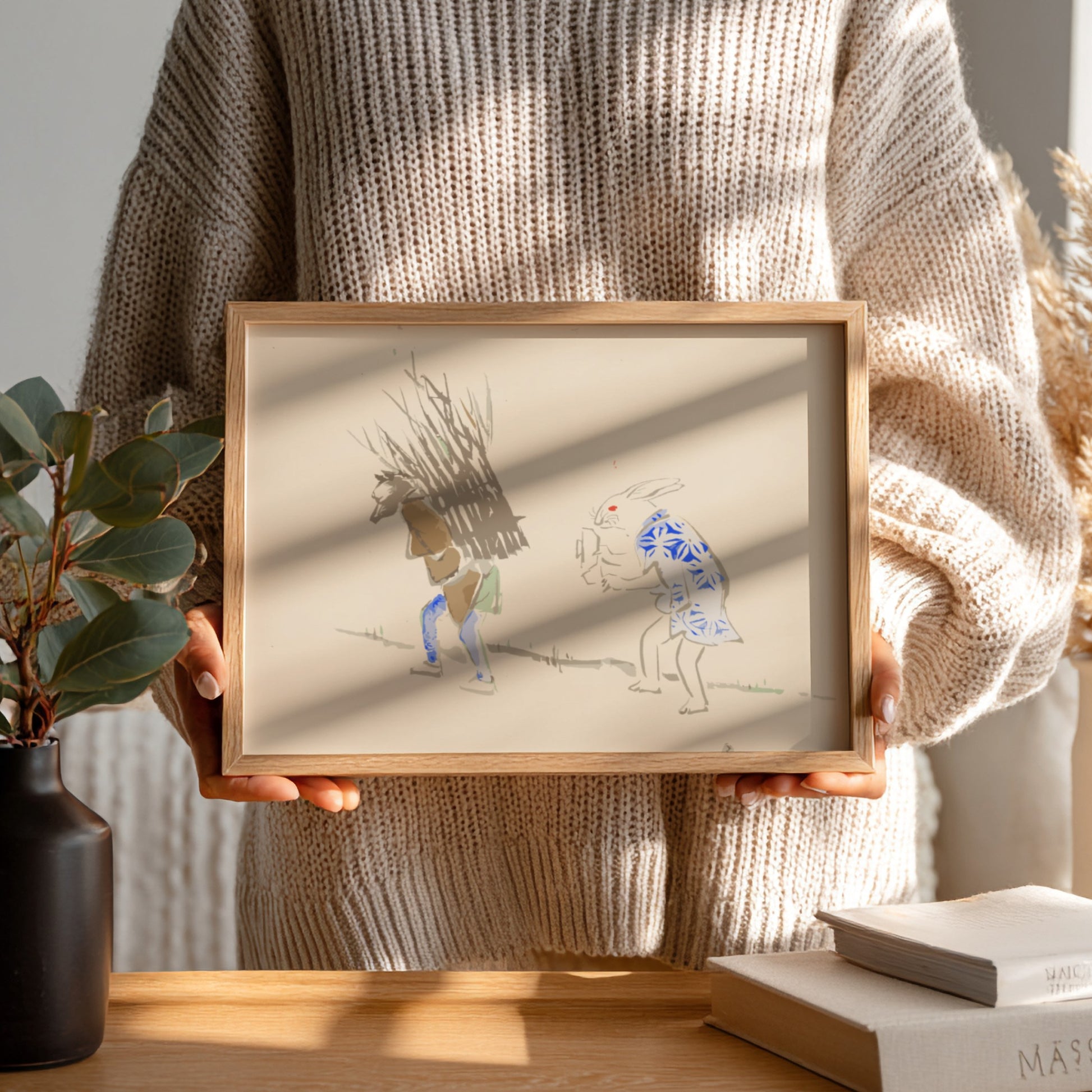Japanese art poster featuring a whimsical scene with a rabbit and a figure, soft colors and traditional style.