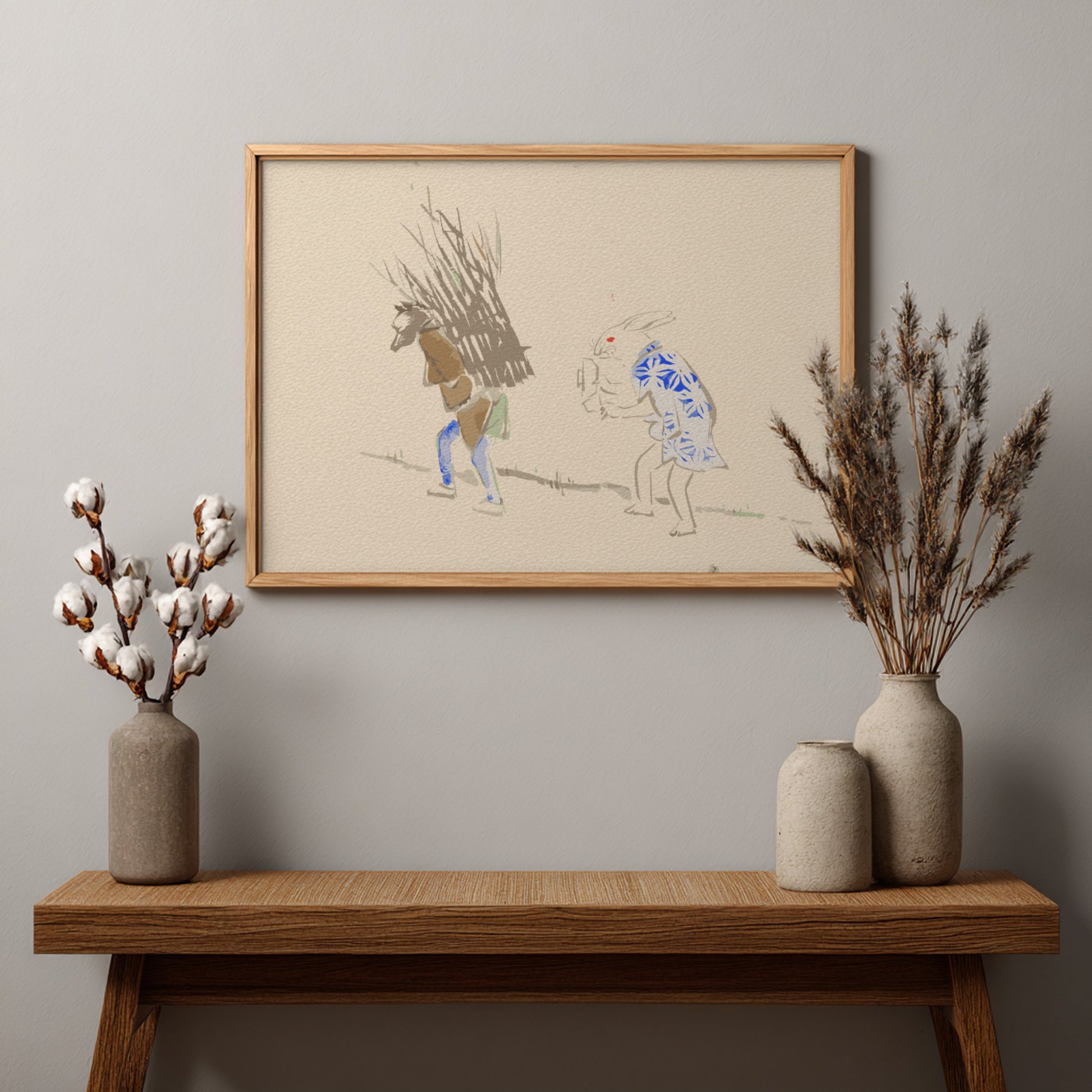 Japanese art poster featuring a whimsical scene with a rabbit and a figure, soft colors and traditional style.