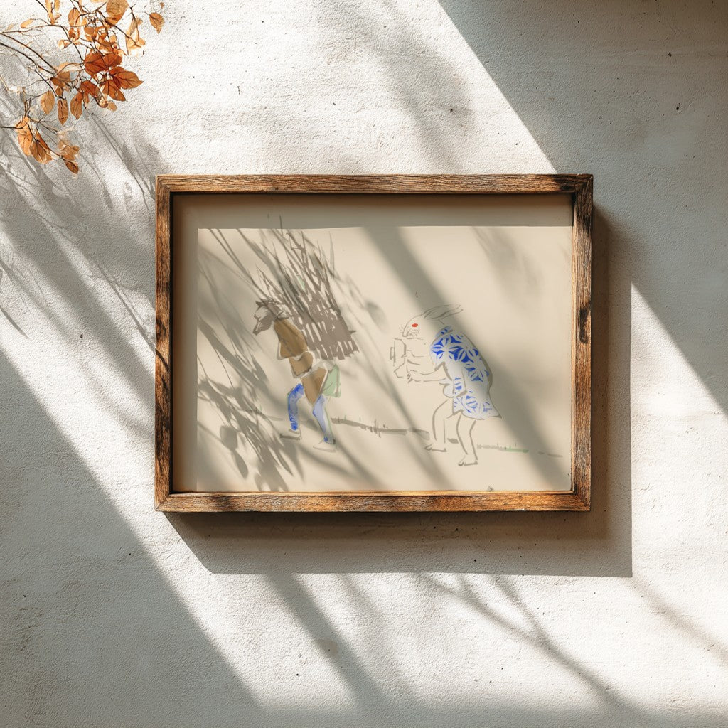 Japanese art poster featuring a whimsical scene with a rabbit and a figure, soft colors and traditional style.