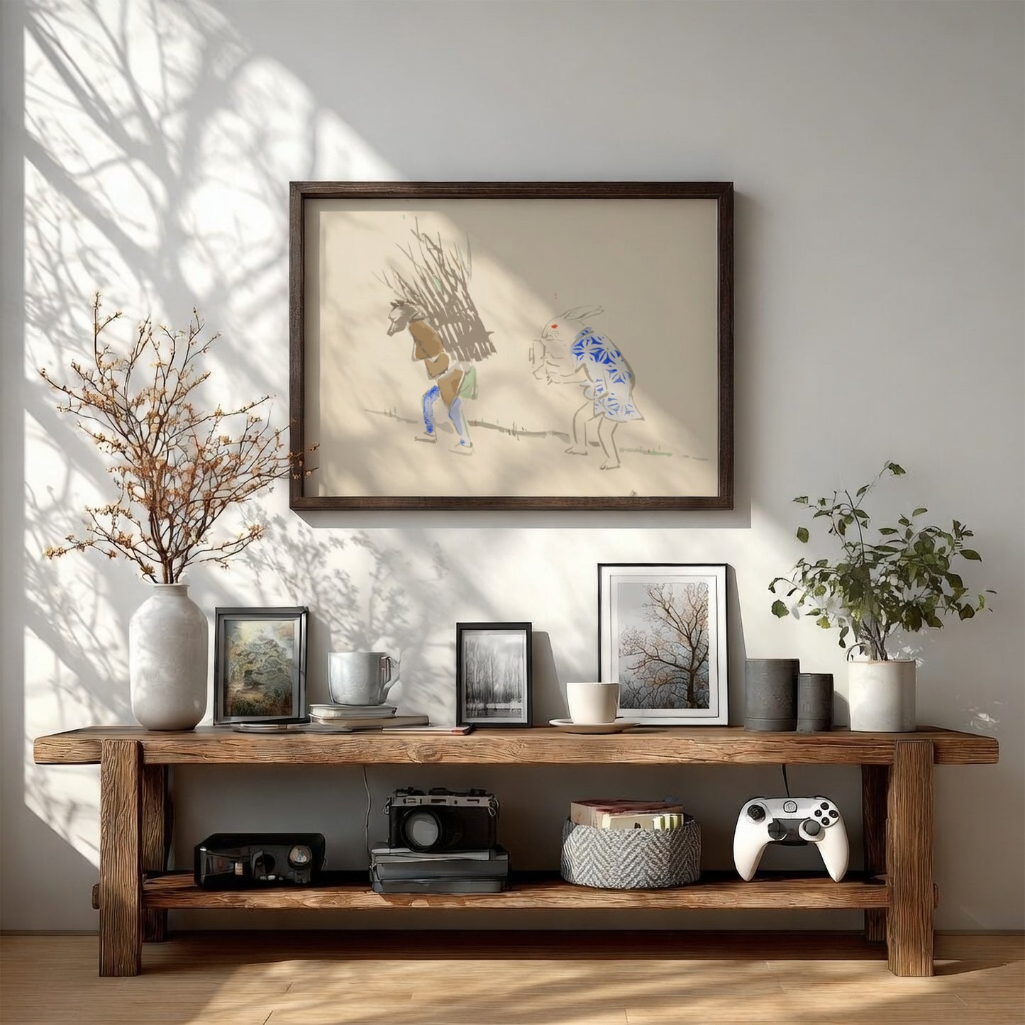 Japanese art poster featuring a whimsical scene with a rabbit and a figure, soft colors and traditional style.