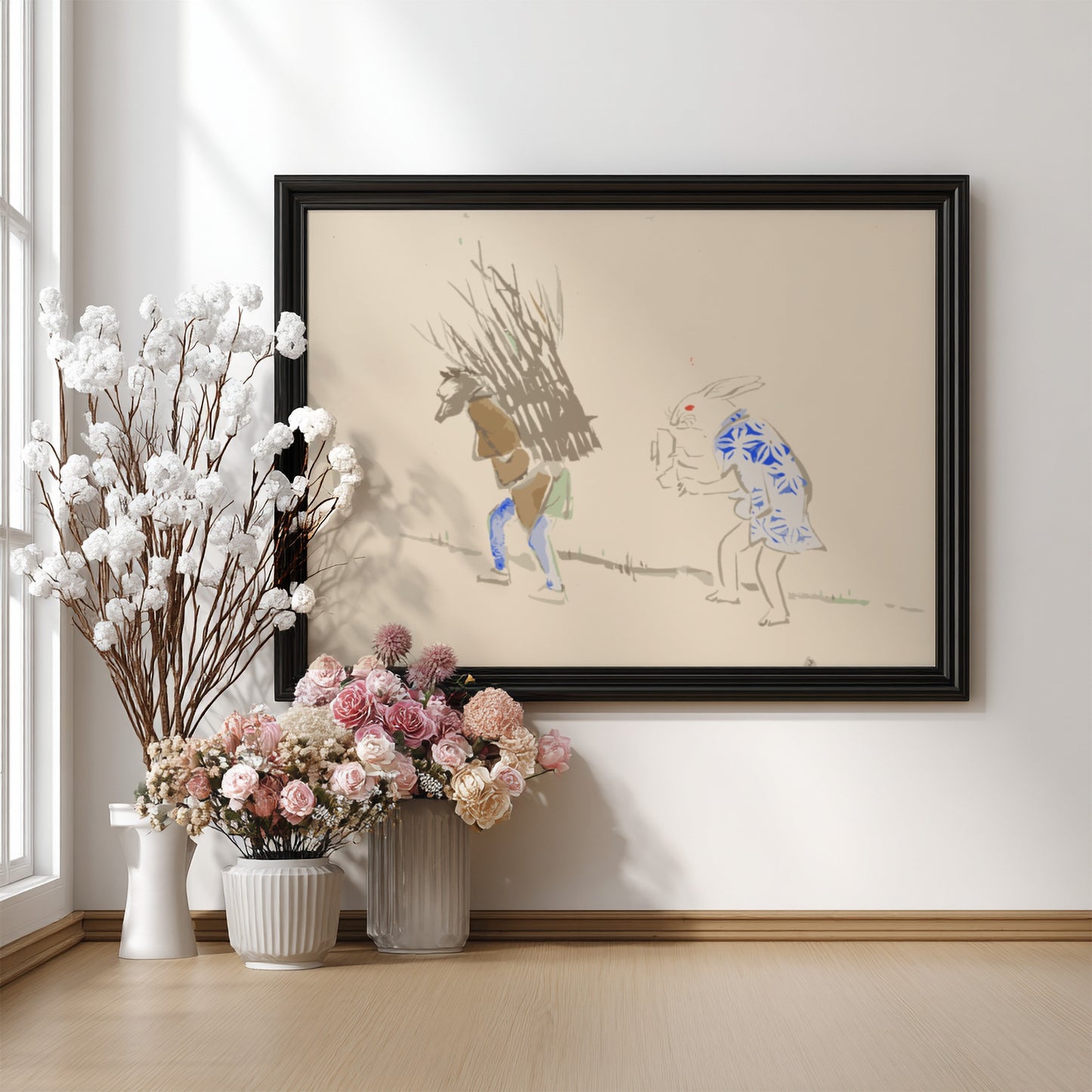 Japanese art poster featuring a whimsical scene with a rabbit and a figure, soft colors and traditional style.