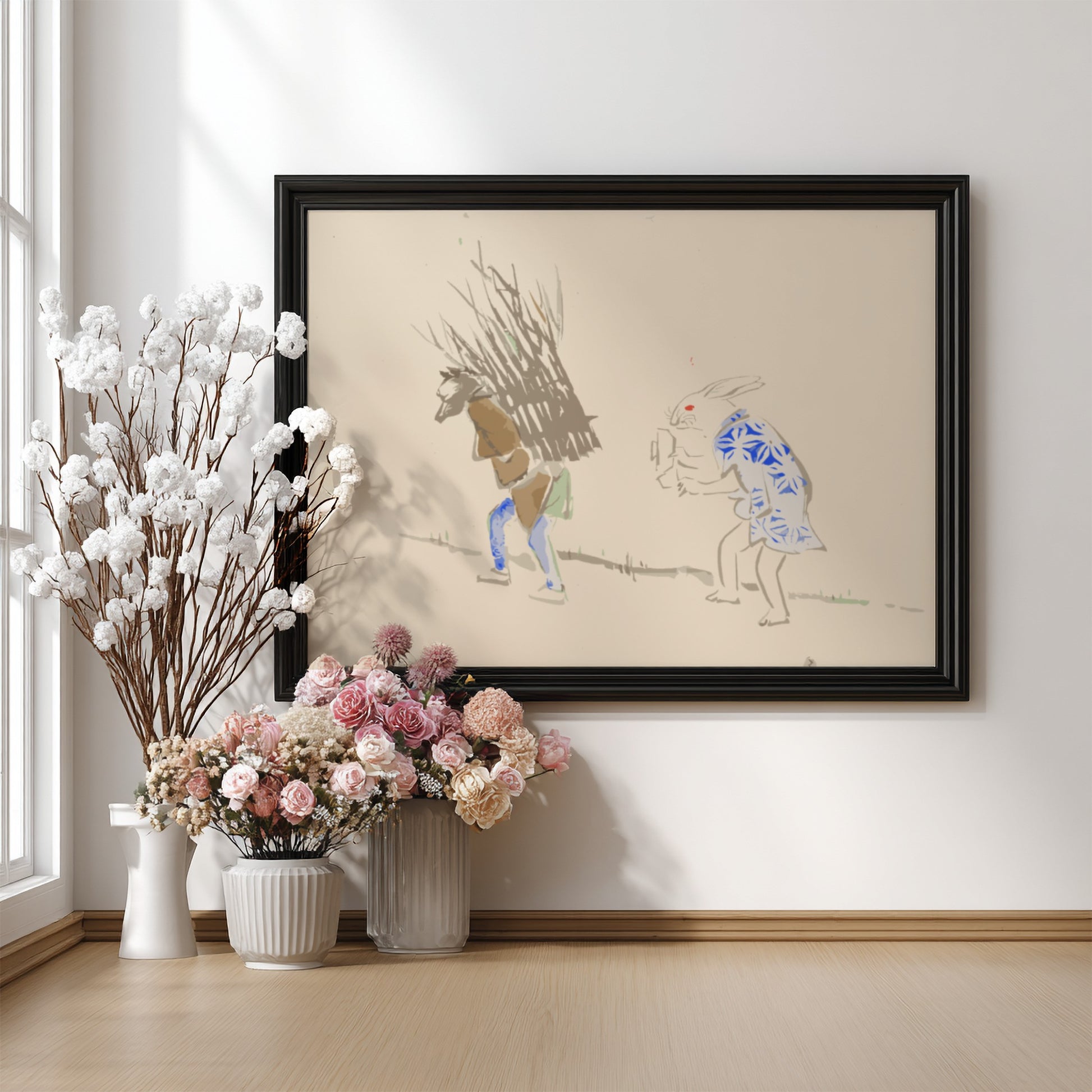 Japanese art poster featuring a whimsical scene with a rabbit and a figure, soft colors and traditional style.