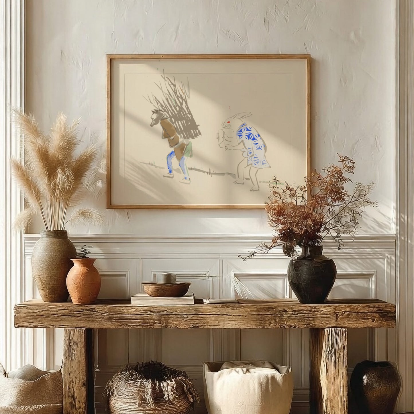 Japanese art poster featuring a whimsical scene with a rabbit and a figure, soft colors and traditional style.