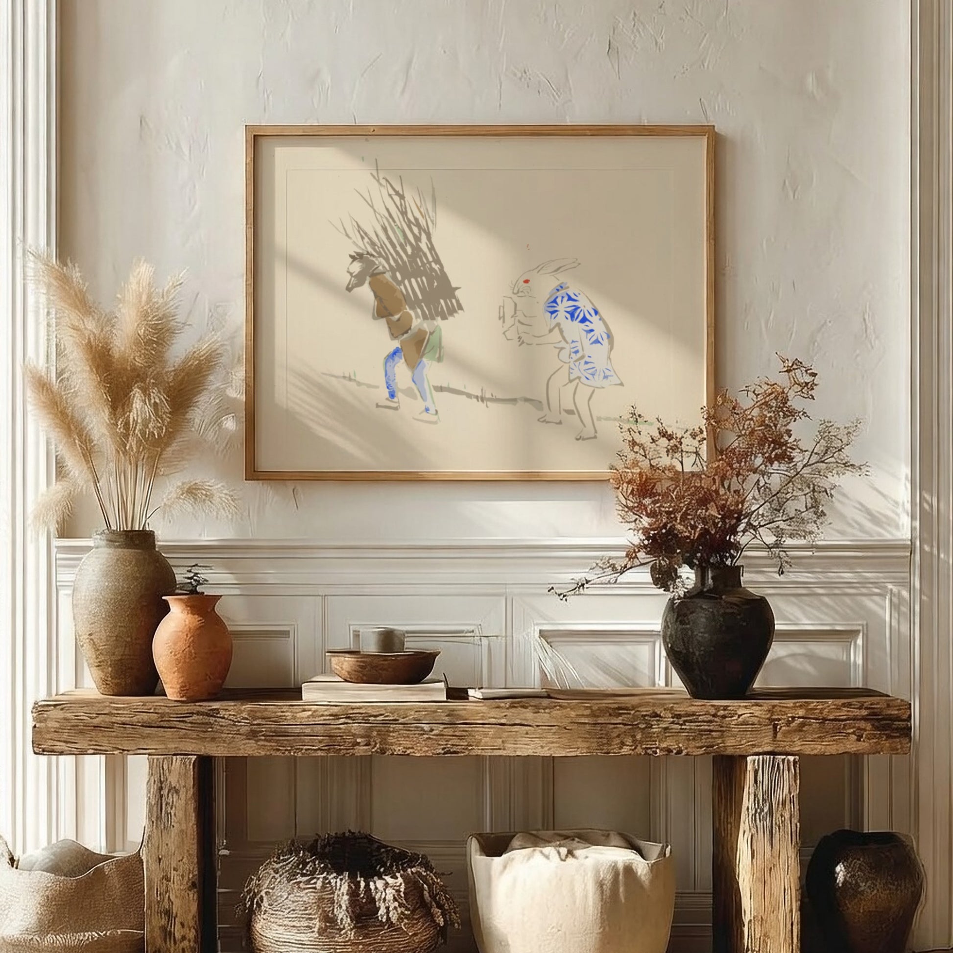 Japanese art poster featuring a whimsical scene with a rabbit and a figure, soft colors and traditional style.
