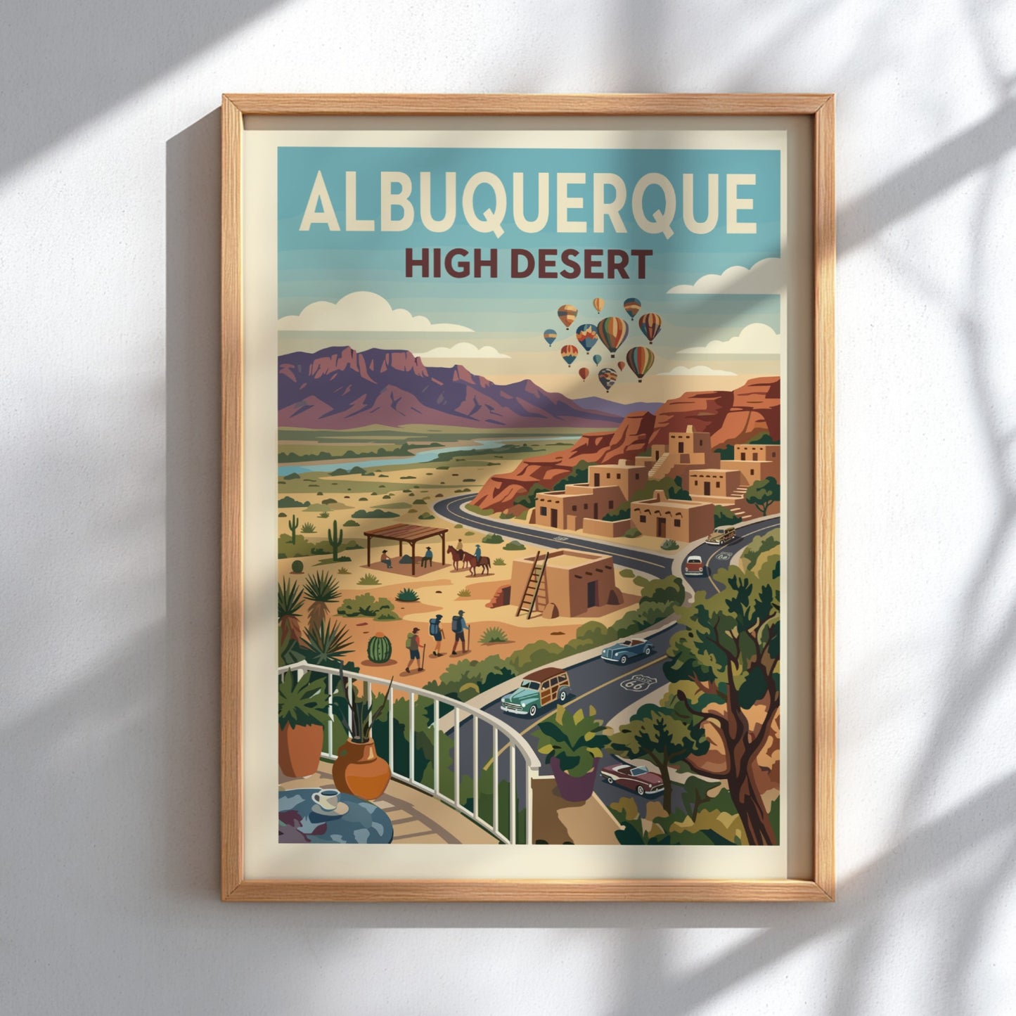 Albuquerque High Desert travel poster with adobe buildings, mountains, and hot air balloons in a vintage