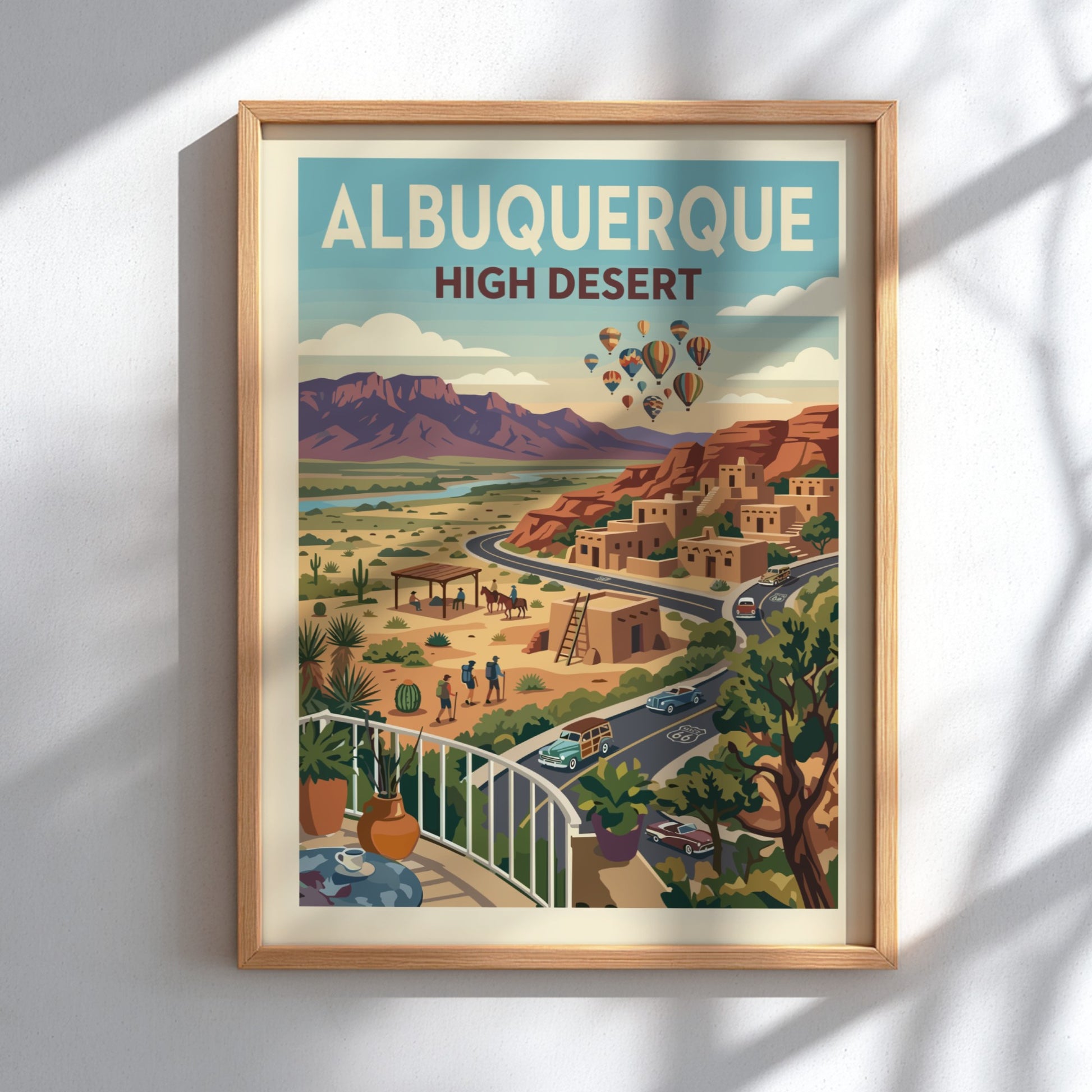 Albuquerque High Desert travel poster with adobe buildings, mountains, and hot air balloons in a vintage