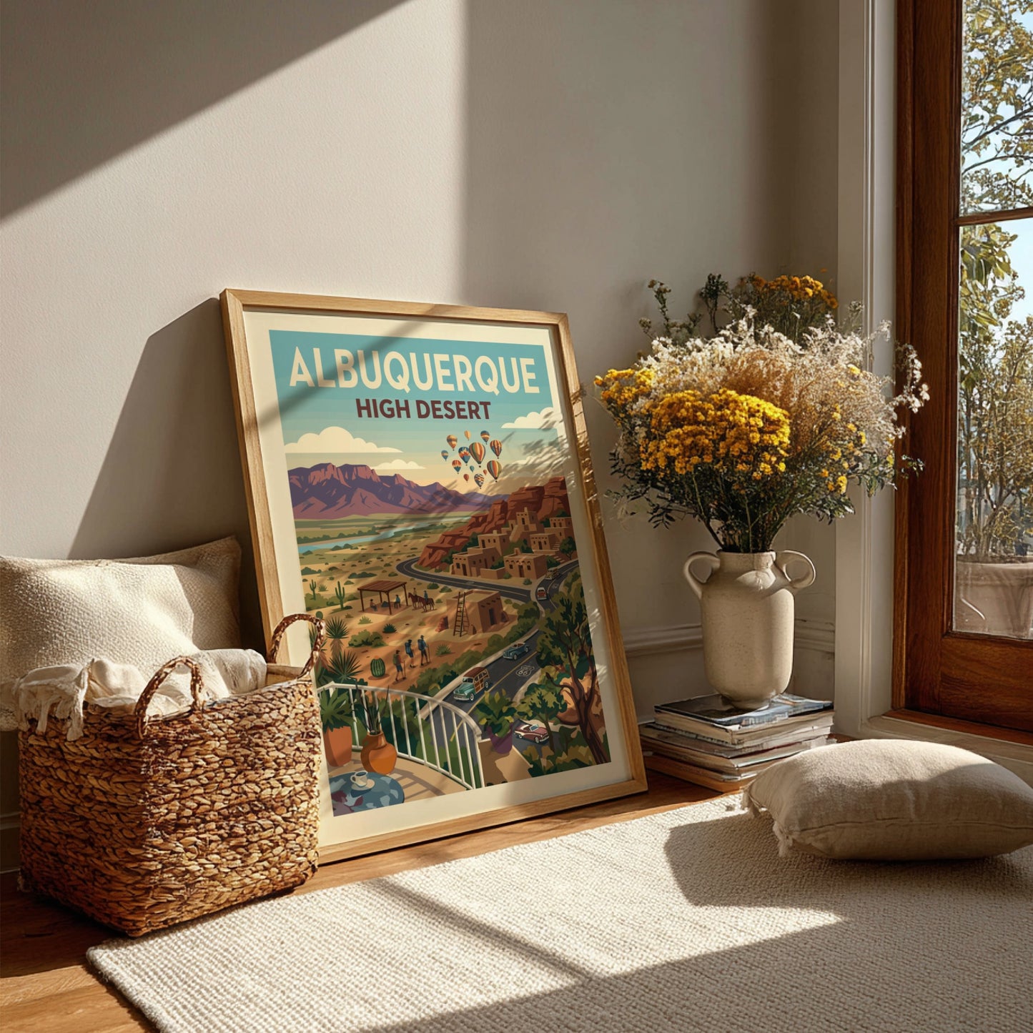 Albuquerque High Desert travel poster with adobe buildings, mountains, and hot air balloons in a vintage