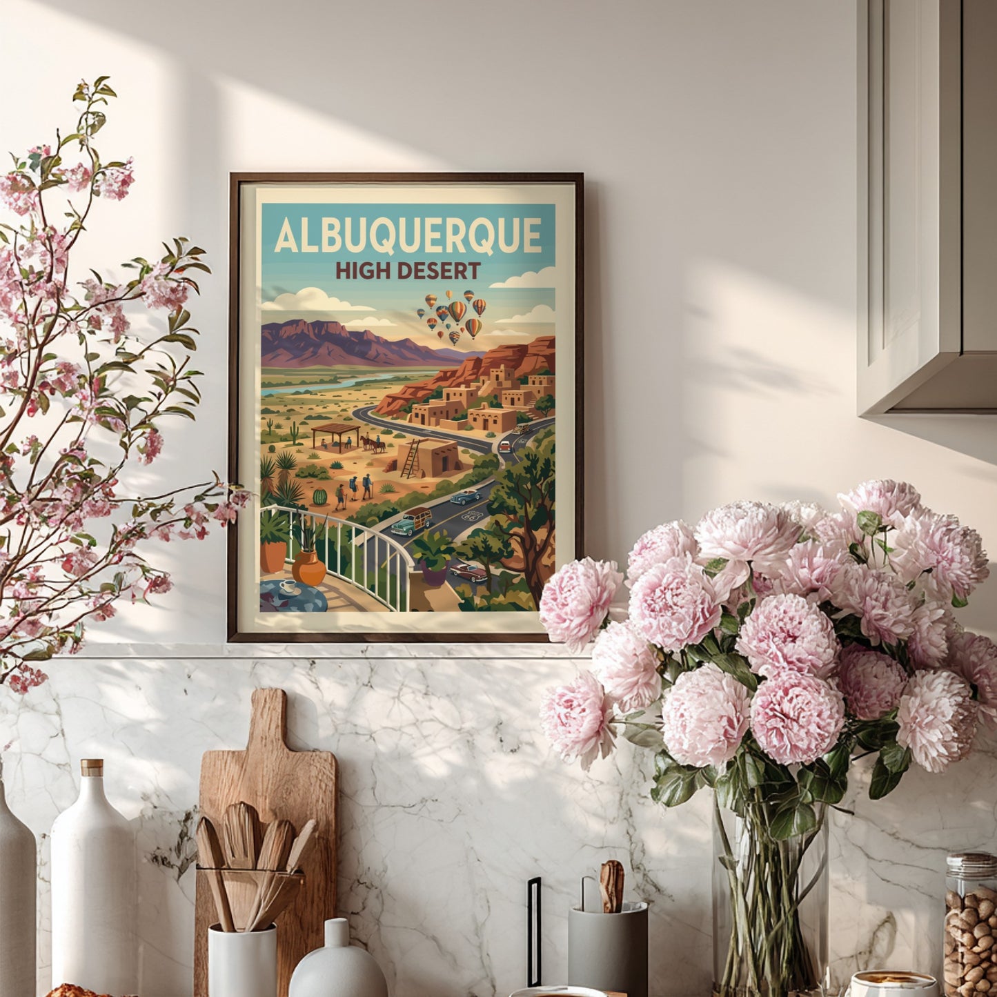 Albuquerque High Desert travel poster with adobe buildings, mountains, and hot air balloons in a vintage
