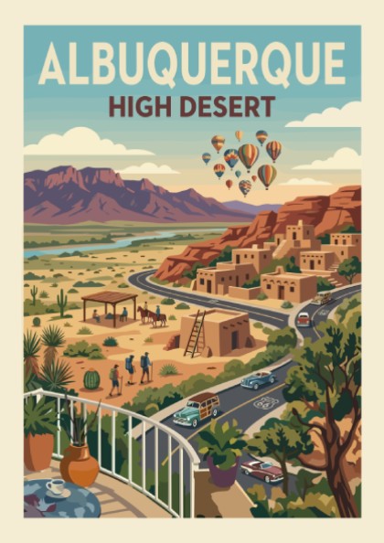 Albuquerque High Desert travel poster with adobe buildings, mountains, and hot air balloons in a vintage