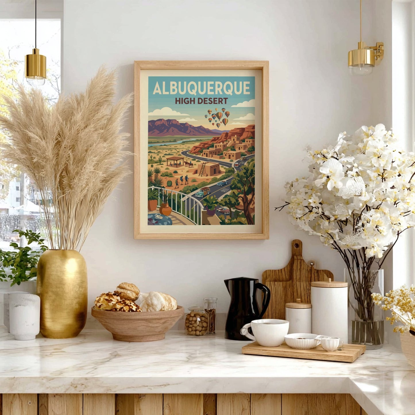 Albuquerque High Desert travel poster with adobe buildings, mountains, and hot air balloons in a vintage