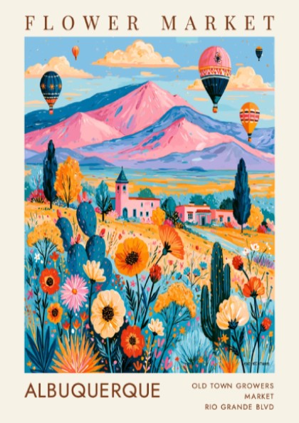 Flower market poster featuring colorful flowers and hot air balloons in Albuquerque landscape