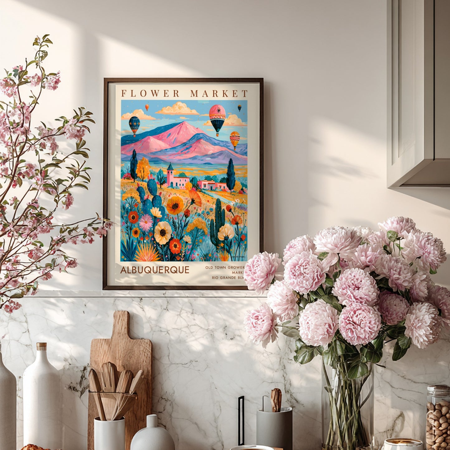 Flower market poster featuring colorful flowers and hot air balloons in Albuquerque landscape