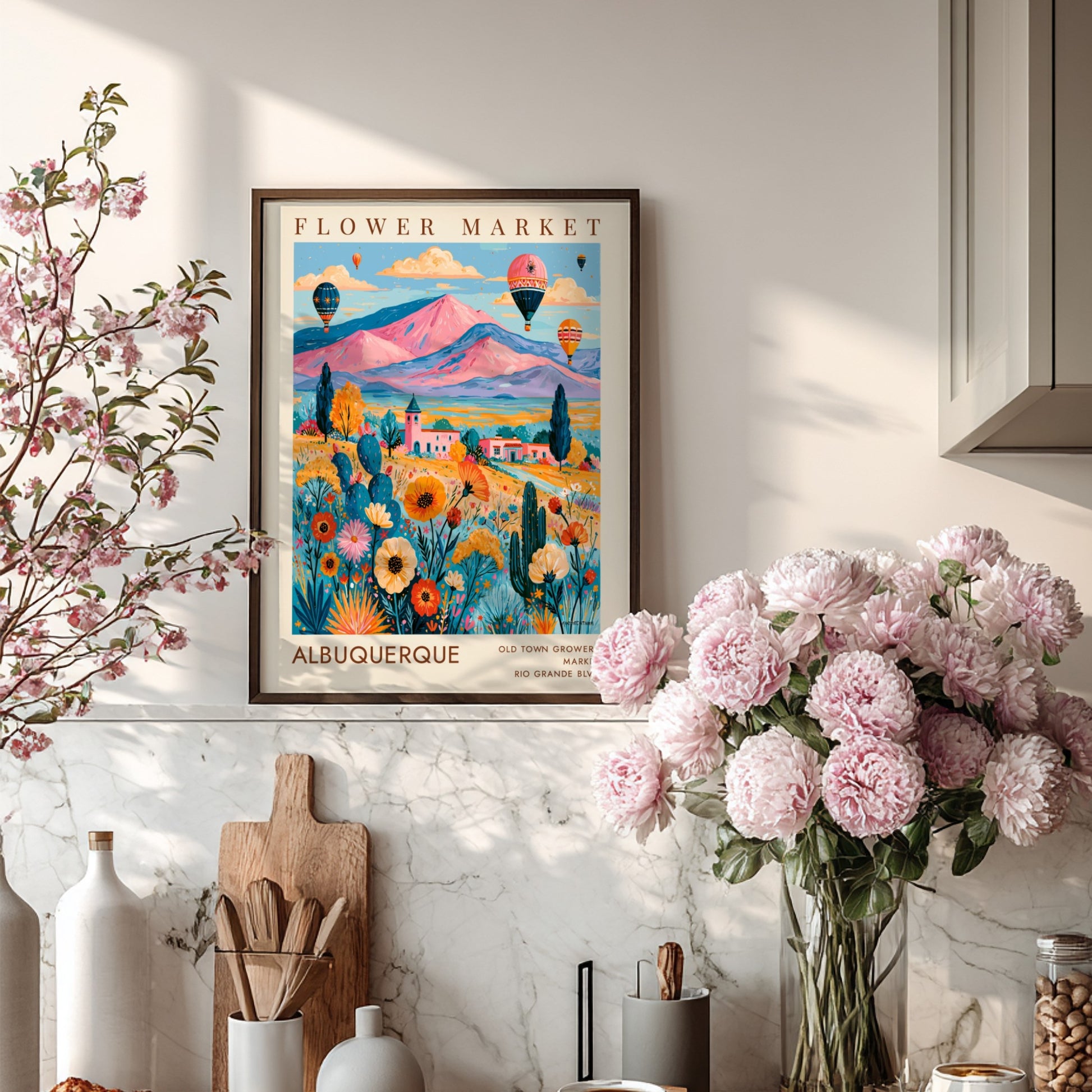 Flower market poster featuring colorful flowers and hot air balloons in Albuquerque landscape