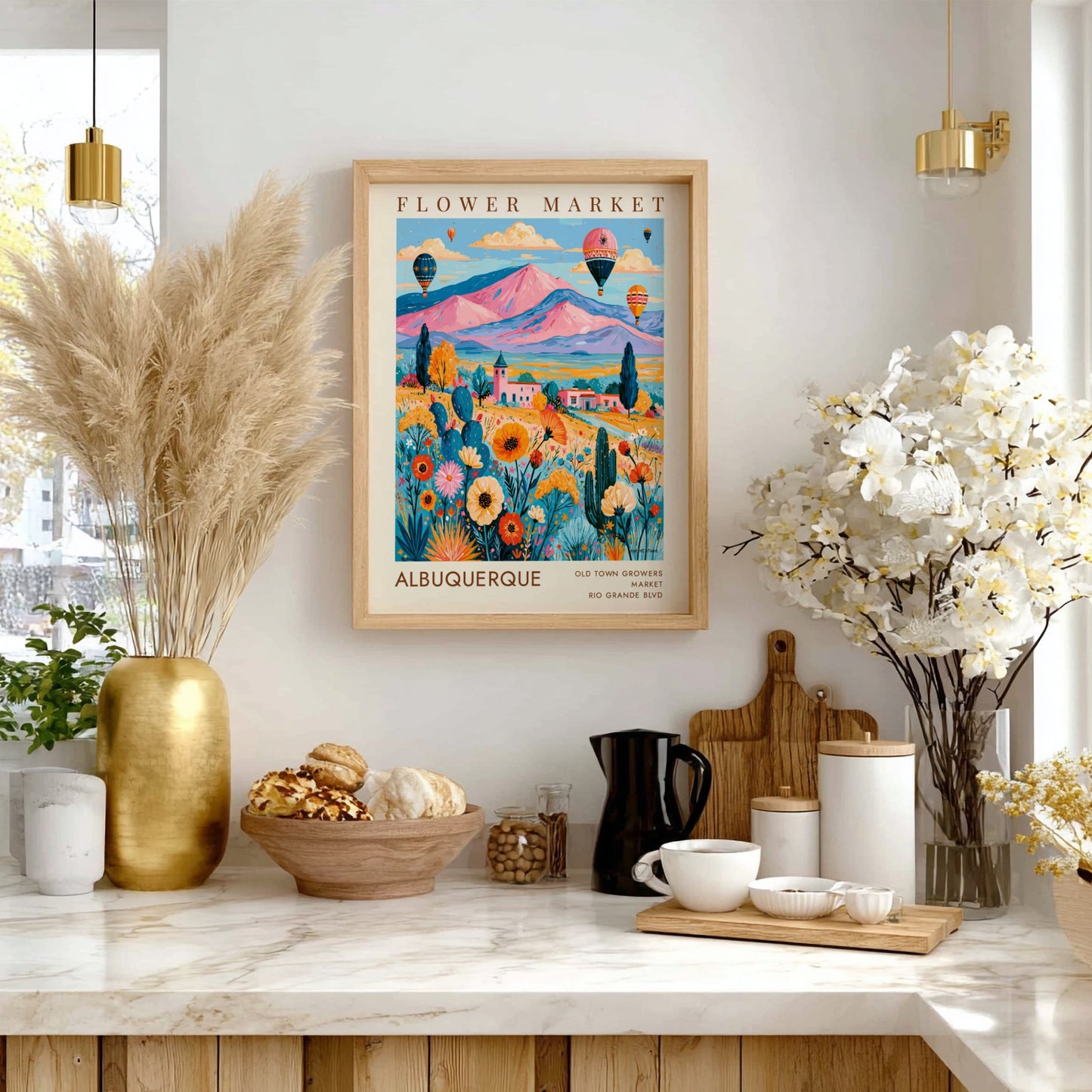 Flower market poster featuring colorful flowers and hot air balloons in Albuquerque landscape