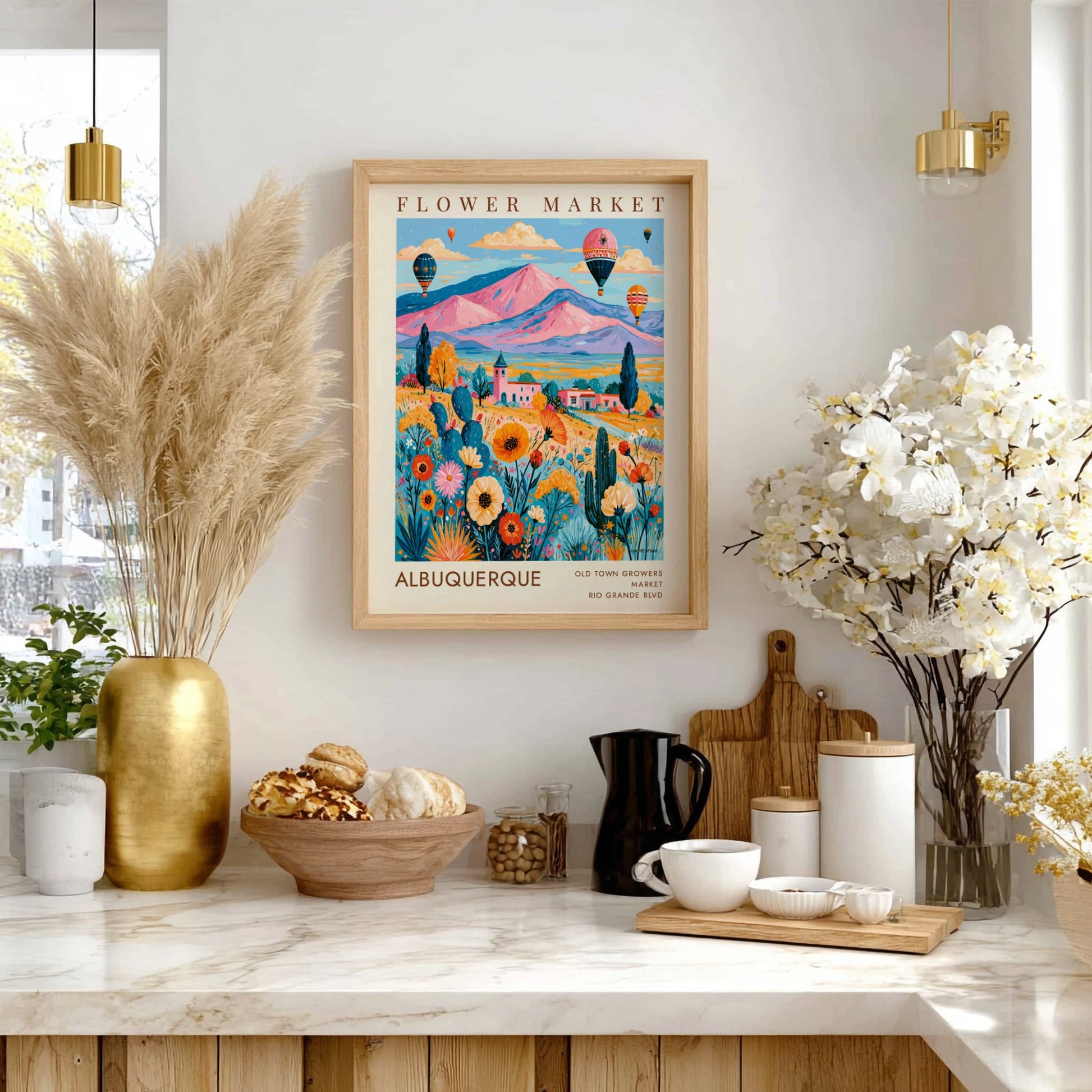 Flower market poster featuring colorful flowers and hot air balloons in Albuquerque landscape