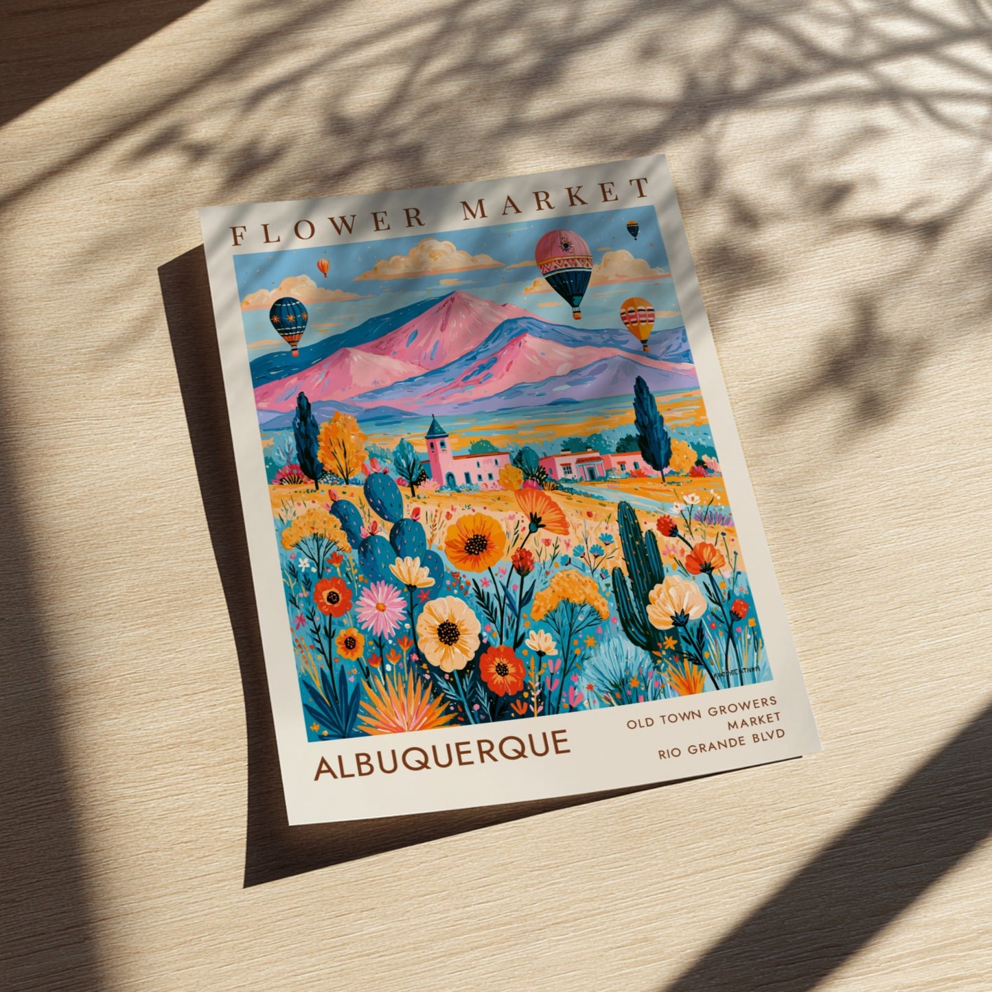 Flower market poster featuring colorful flowers and hot air balloons in Albuquerque landscape