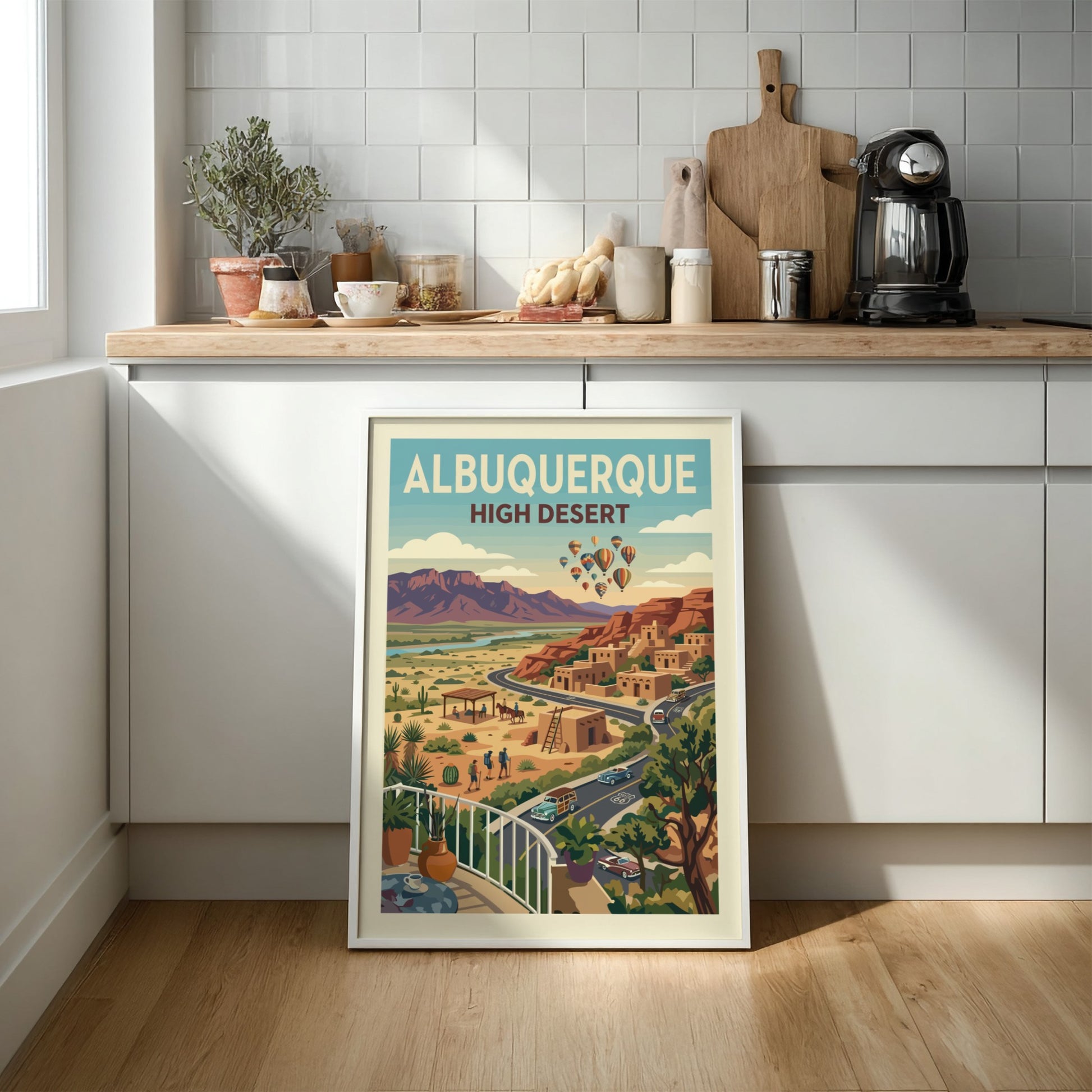Albuquerque High Desert travel poster with adobe buildings, mountains, and hot air balloons in a vintage