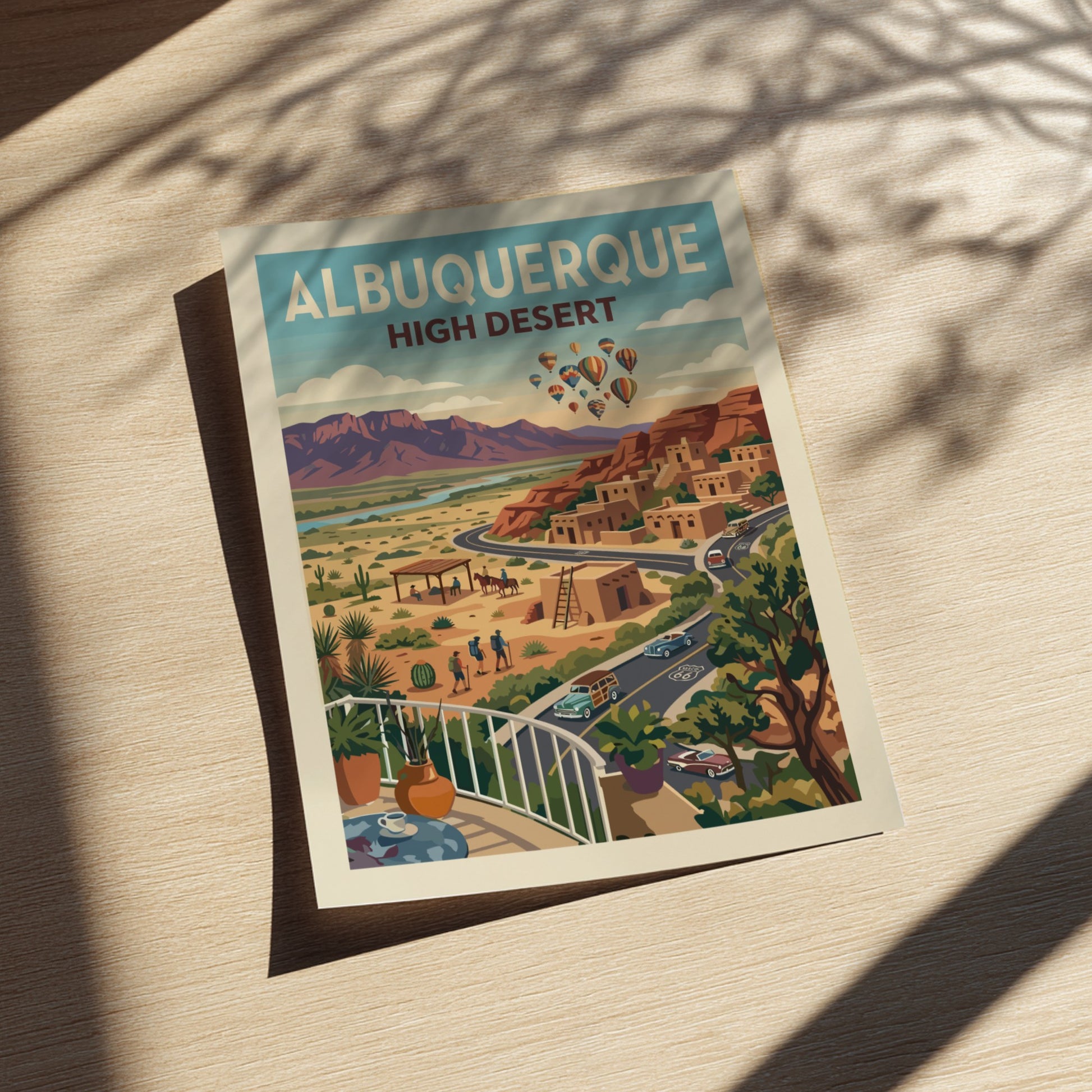 Albuquerque High Desert travel poster with adobe buildings, mountains, and hot air balloons in a vintage