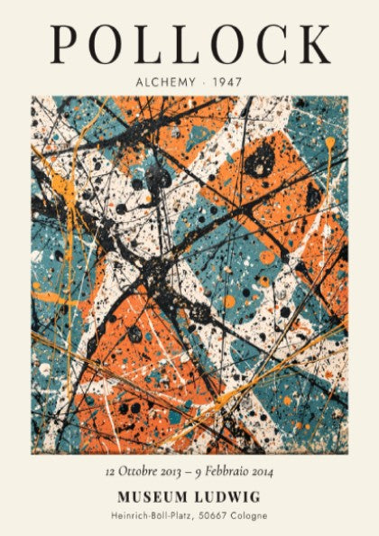 Wall art poster featuring Jackson Pollock Alchemy 1947 with orange and teal paint splatters