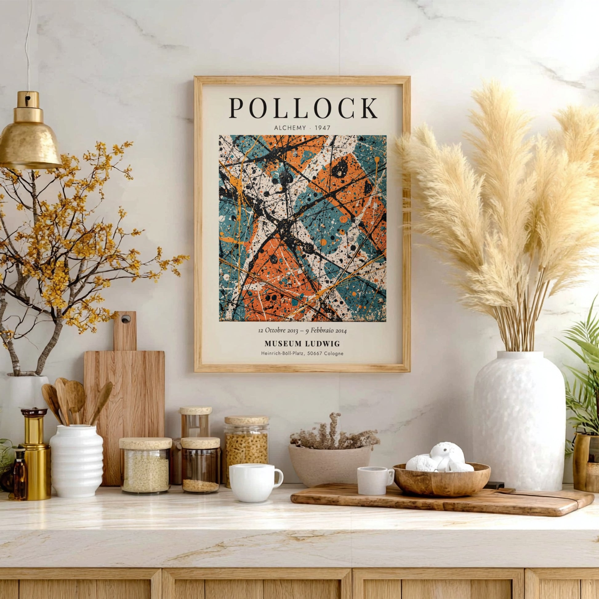 Wall art poster featuring Jackson Pollock Alchemy 1947 with orange and teal paint splatters