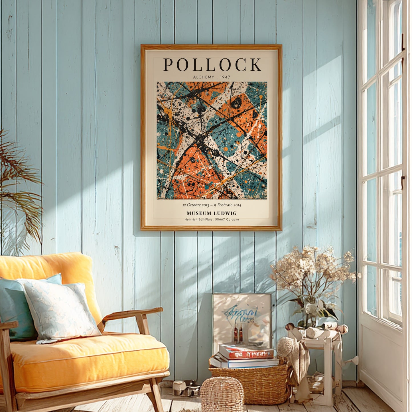 Wall art poster featuring Jackson Pollock Alchemy 1947 with orange and teal paint splatters