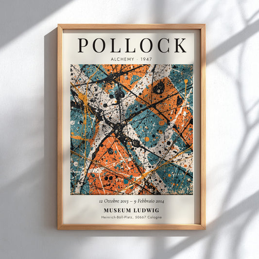 Wall art poster featuring Jackson Pollock Alchemy 1947 with orange and teal paint splatters