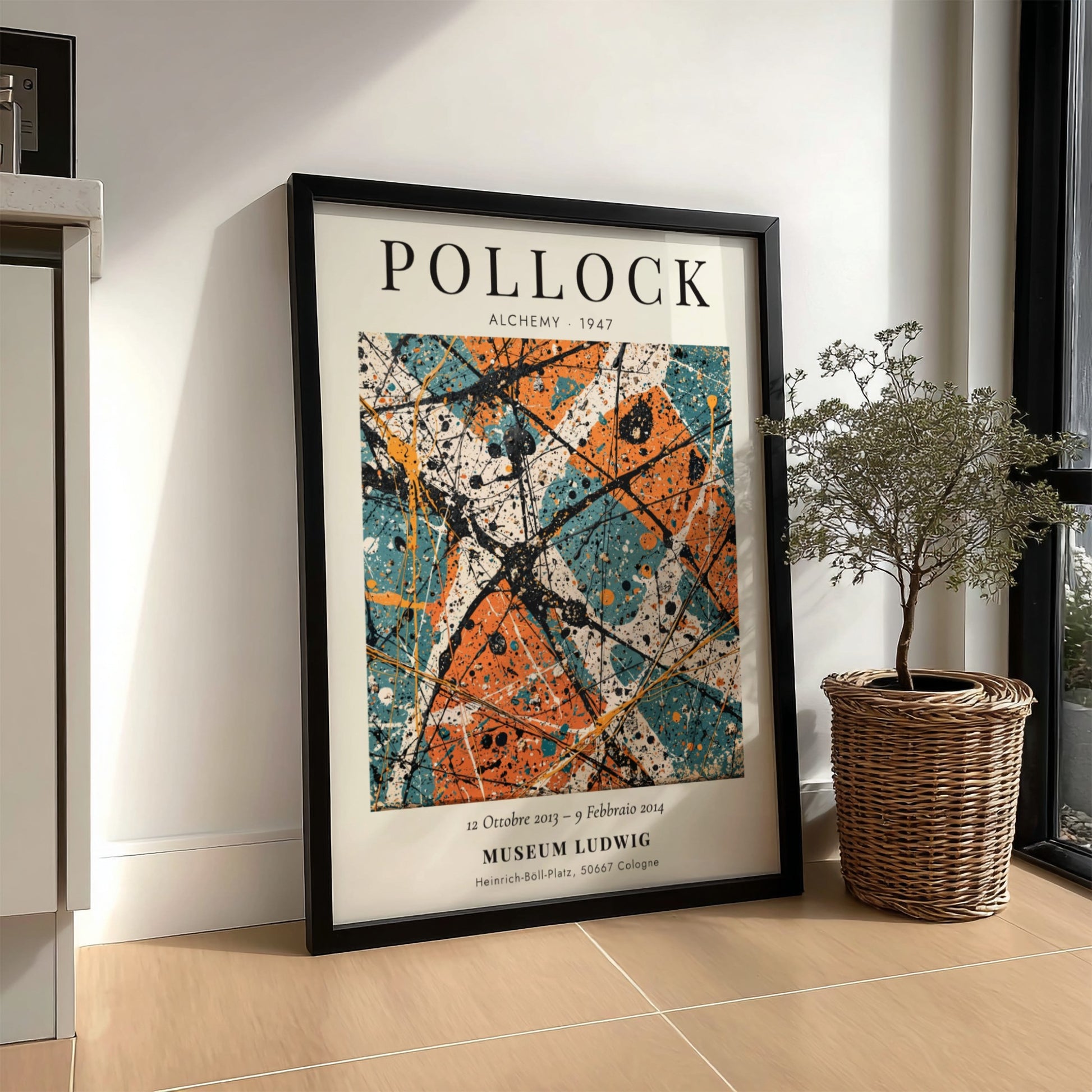 Wall art poster featuring Jackson Pollock Alchemy 1947 with orange and teal paint splatters