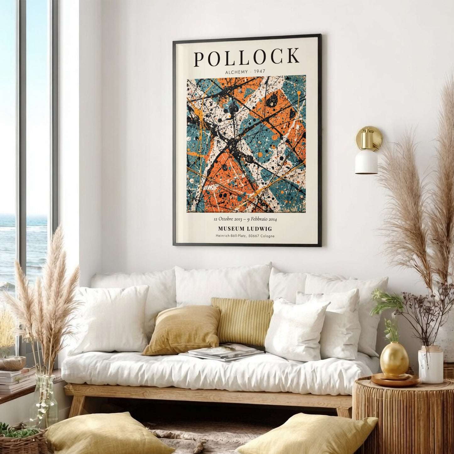 Wall art poster featuring Jackson Pollock Alchemy 1947 with orange and teal paint splatters