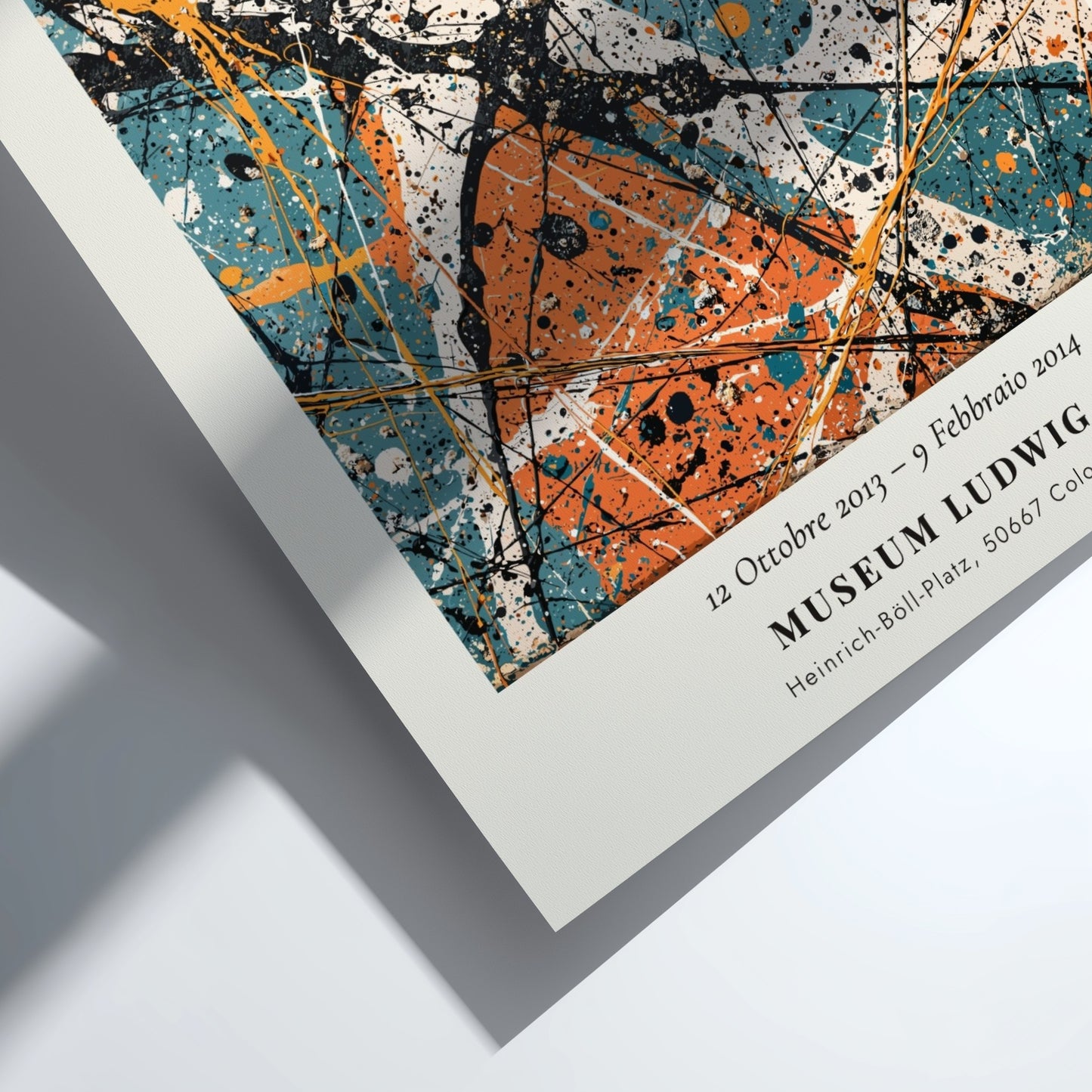 Wall art poster featuring Jackson Pollock Alchemy 1947 with orange and teal paint splatters