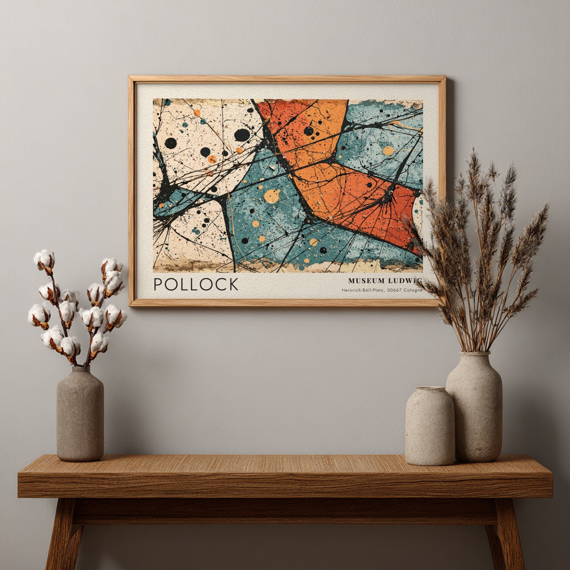 Wall art poster featuring Jackson Pollock Alchemy artwork with orange teal and black