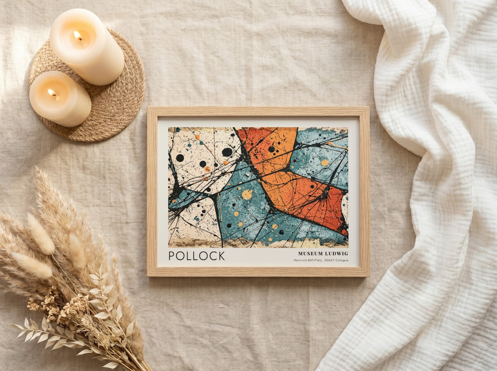 Wall art poster featuring Jackson Pollock Alchemy artwork with orange teal and black