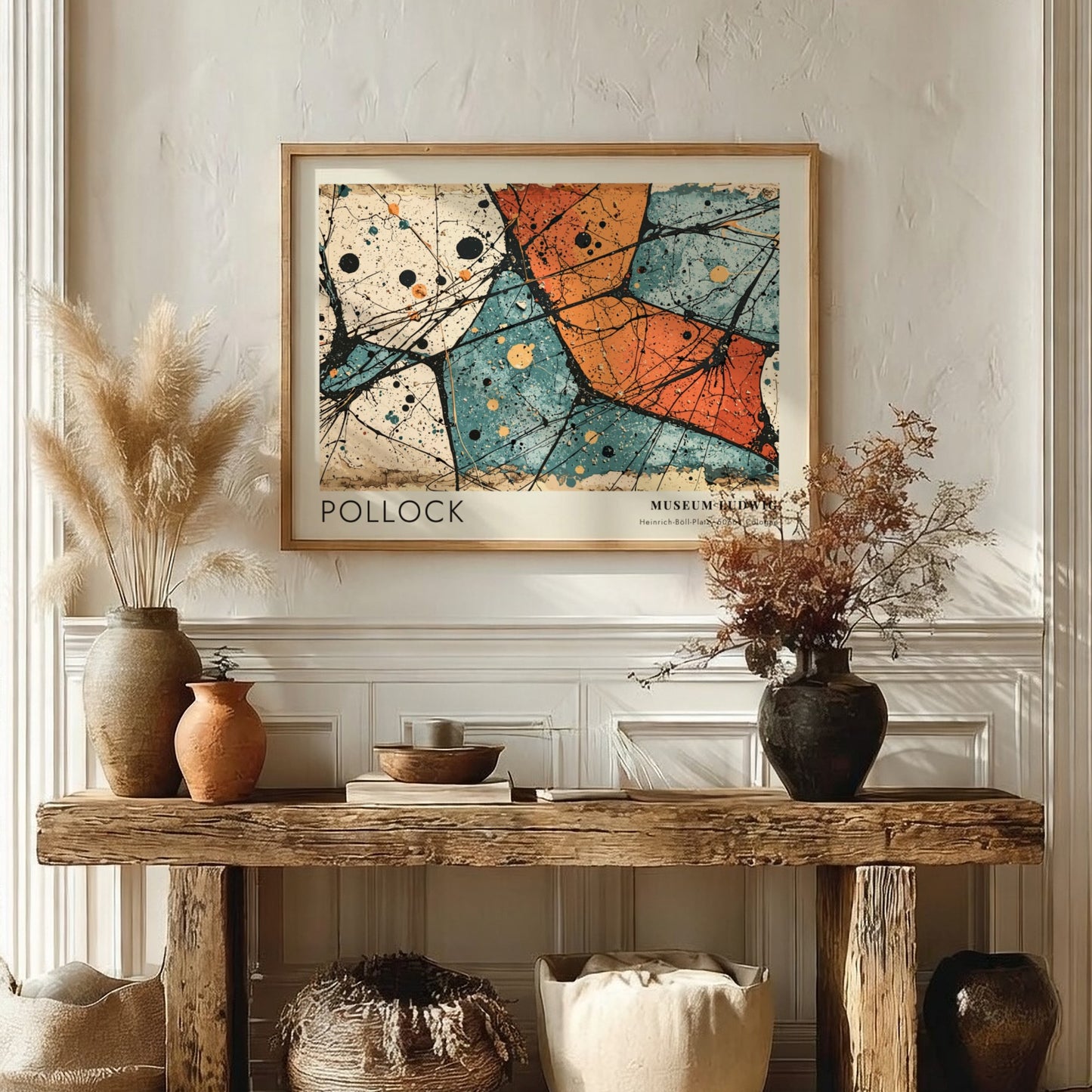 Wall art poster featuring Jackson Pollock Alchemy artwork with orange teal and black