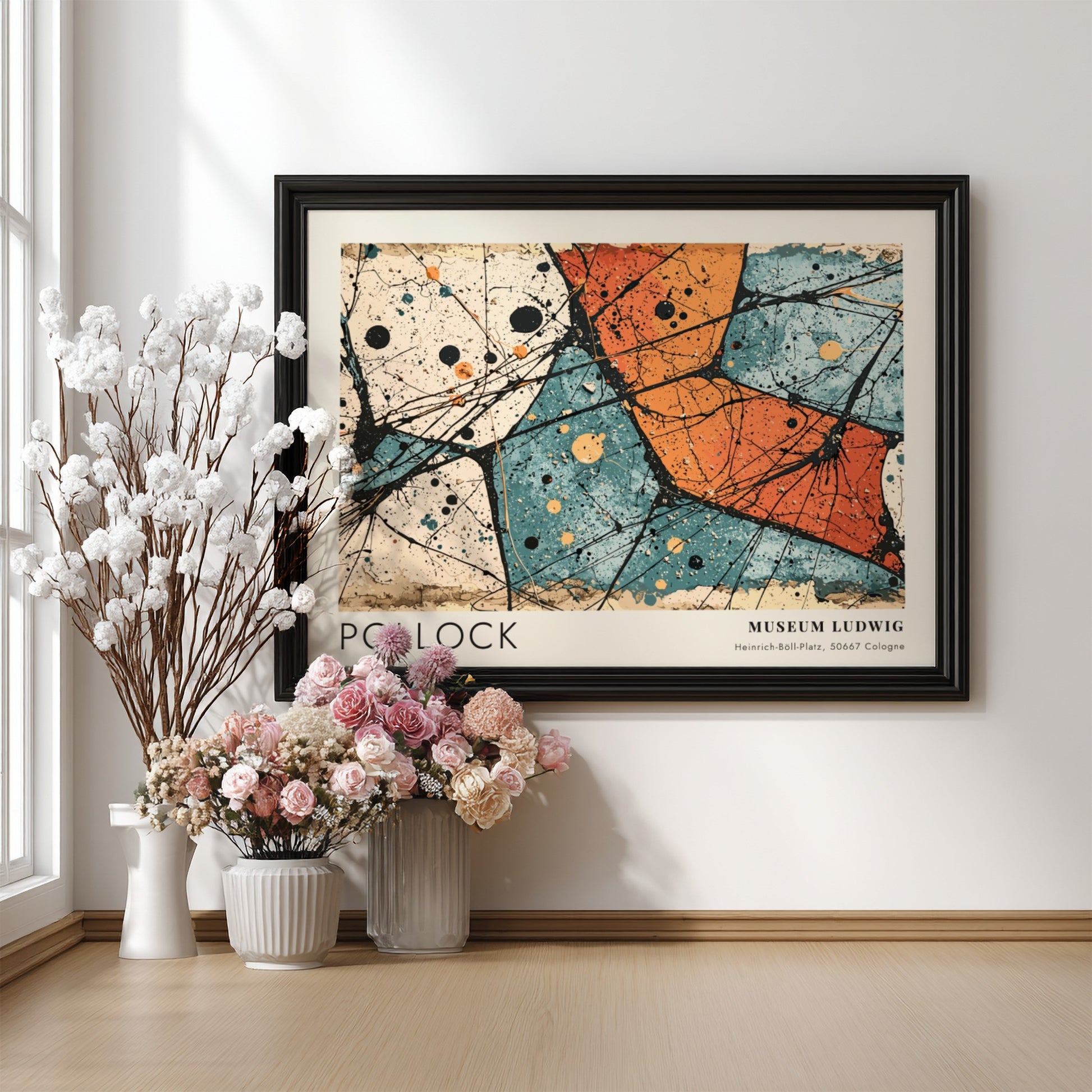 Wall art poster featuring Jackson Pollock Alchemy artwork with orange teal and black