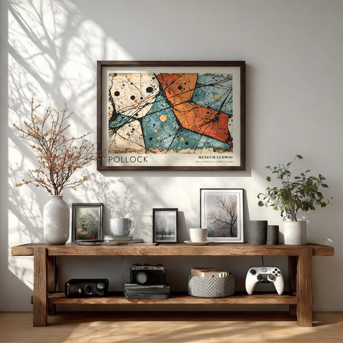 Wall art poster featuring Jackson Pollock Alchemy artwork with orange teal and black