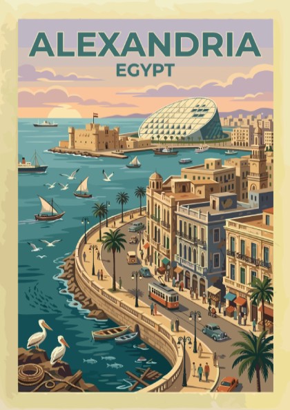 Travel poster of Alexandria Egypt featuring a historic citadel and tram along coast