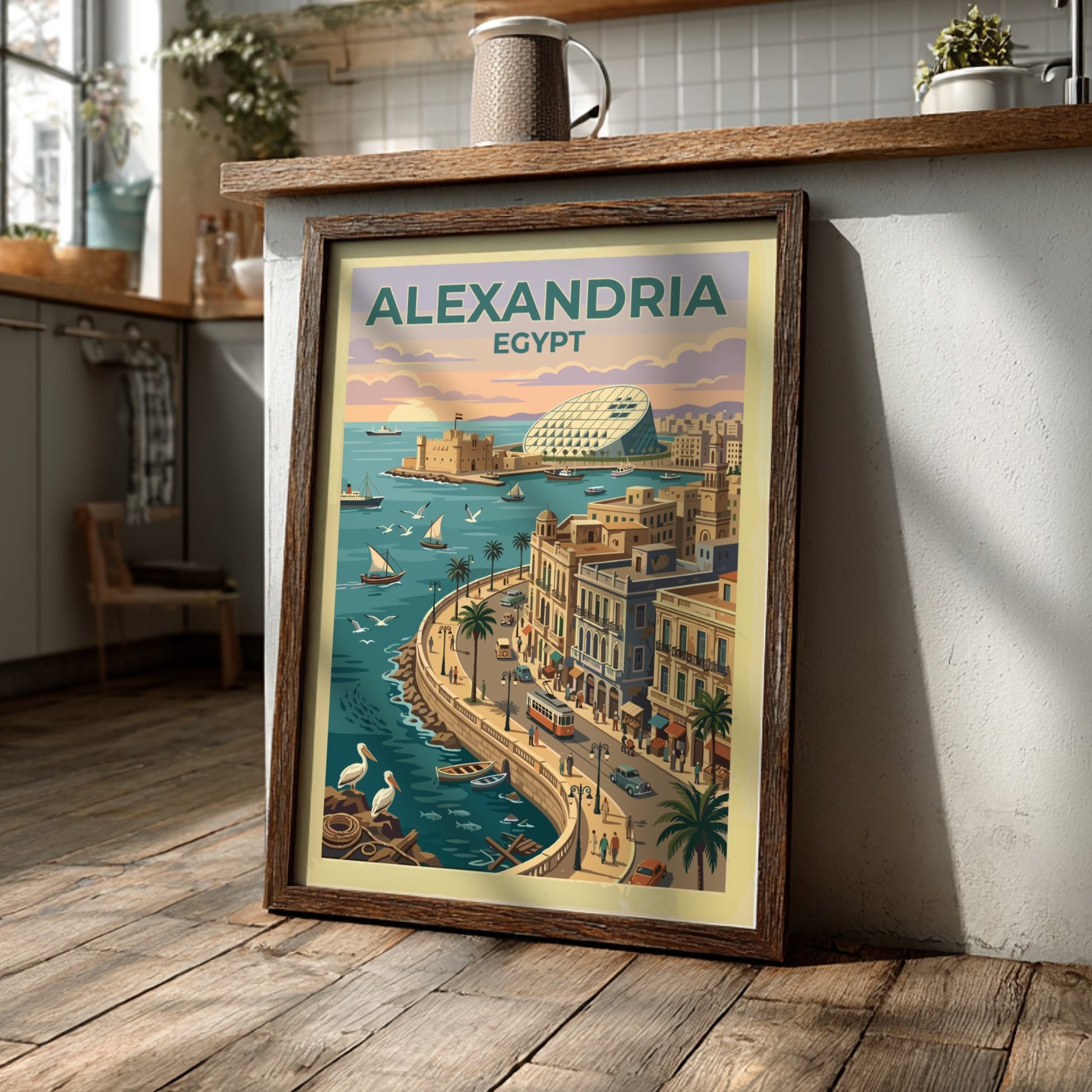 Travel poster of Alexandria Egypt featuring a historic citadel and tram along coast