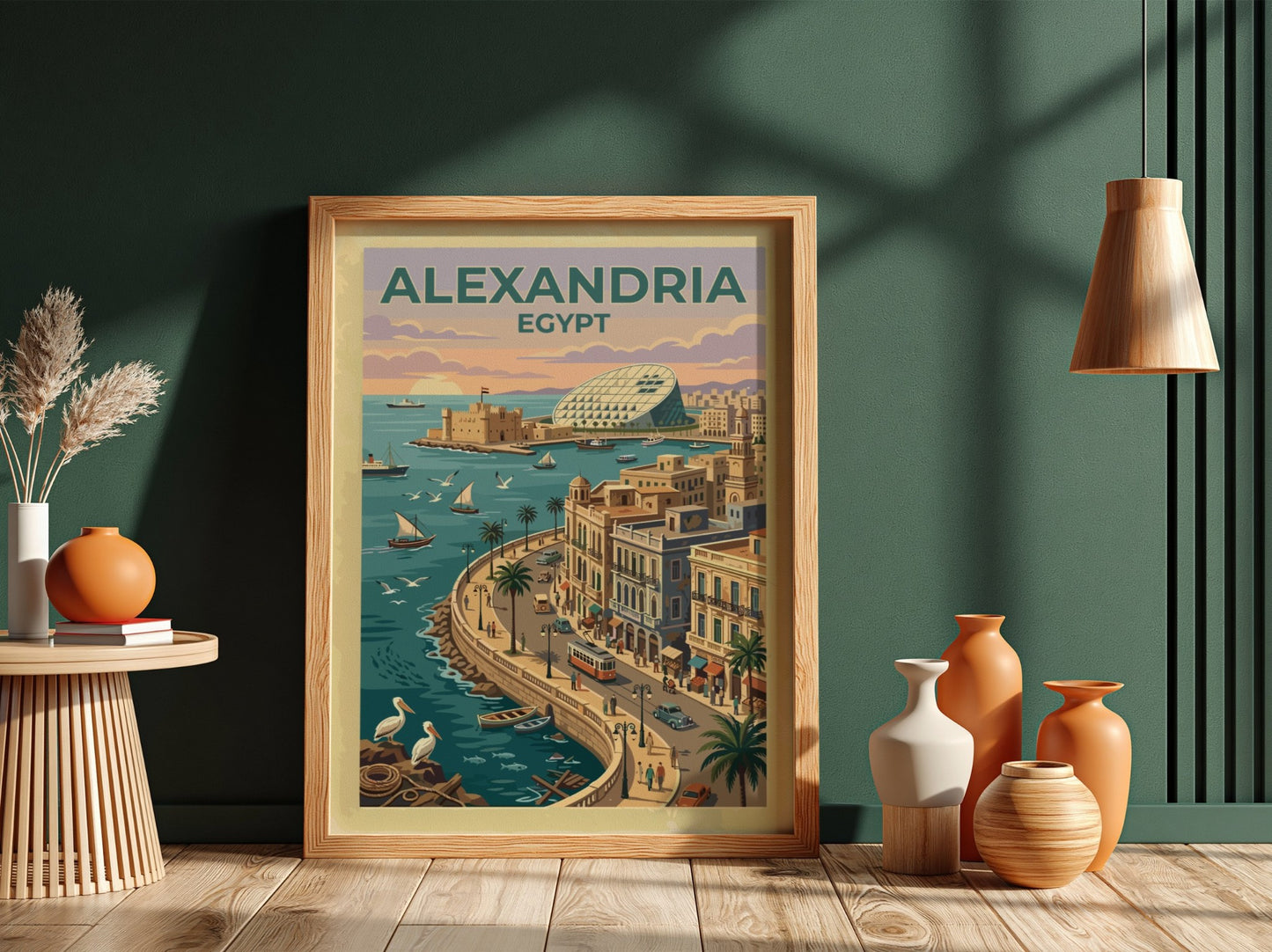 Travel poster of Alexandria Egypt featuring a historic citadel and tram along coast