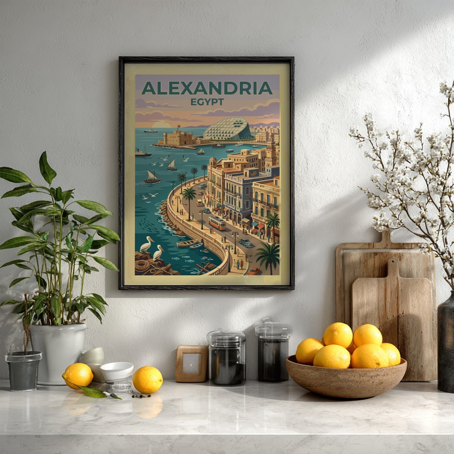 Travel poster of Alexandria Egypt featuring a historic citadel and tram along coast