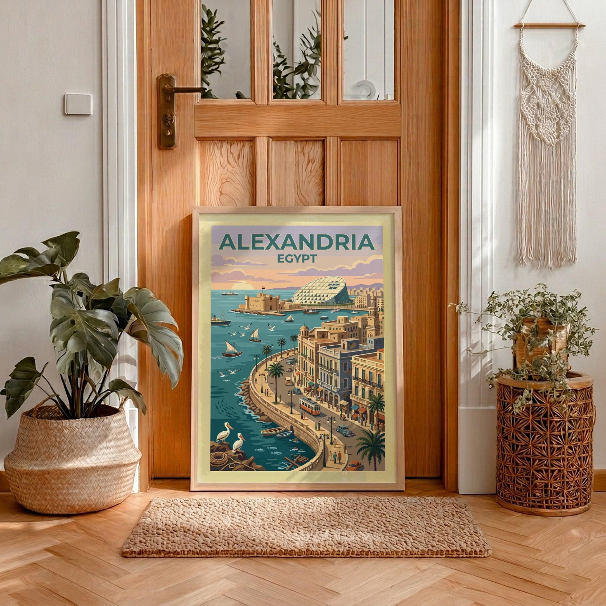 Travel poster of Alexandria Egypt featuring a historic citadel and tram along coast