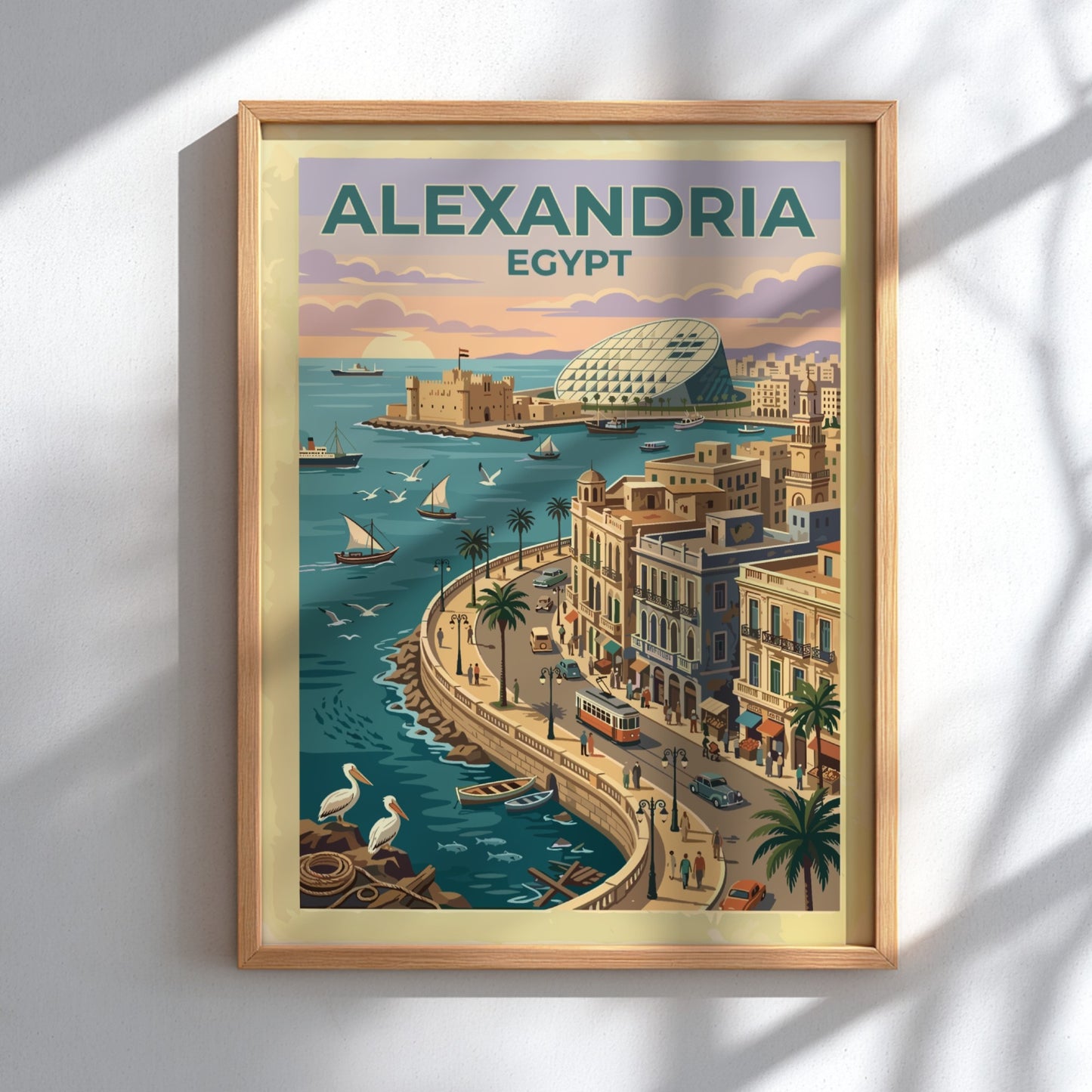 Travel poster of Alexandria Egypt featuring a historic citadel and tram along coast