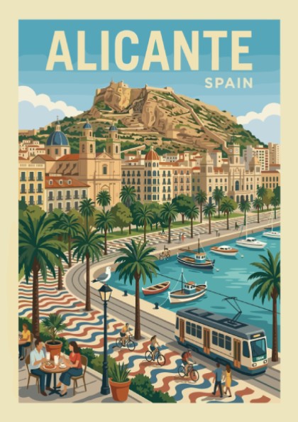 Alicante Spain travel poster, vintage illustration of coastal city with castle, boats, and palm trees.