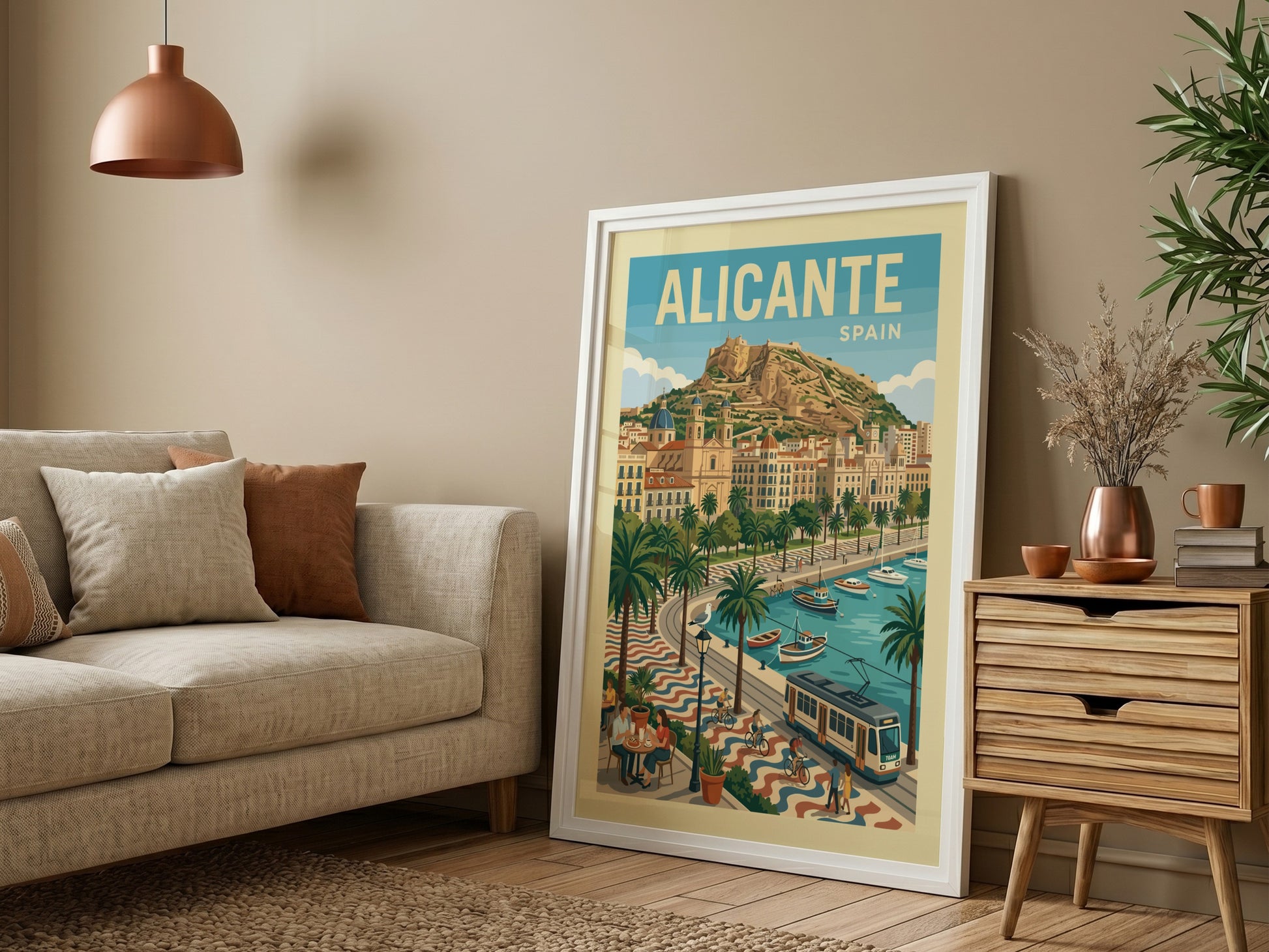 Alicante Spain travel poster, vintage illustration of coastal city with castle, boats, and palm trees.
